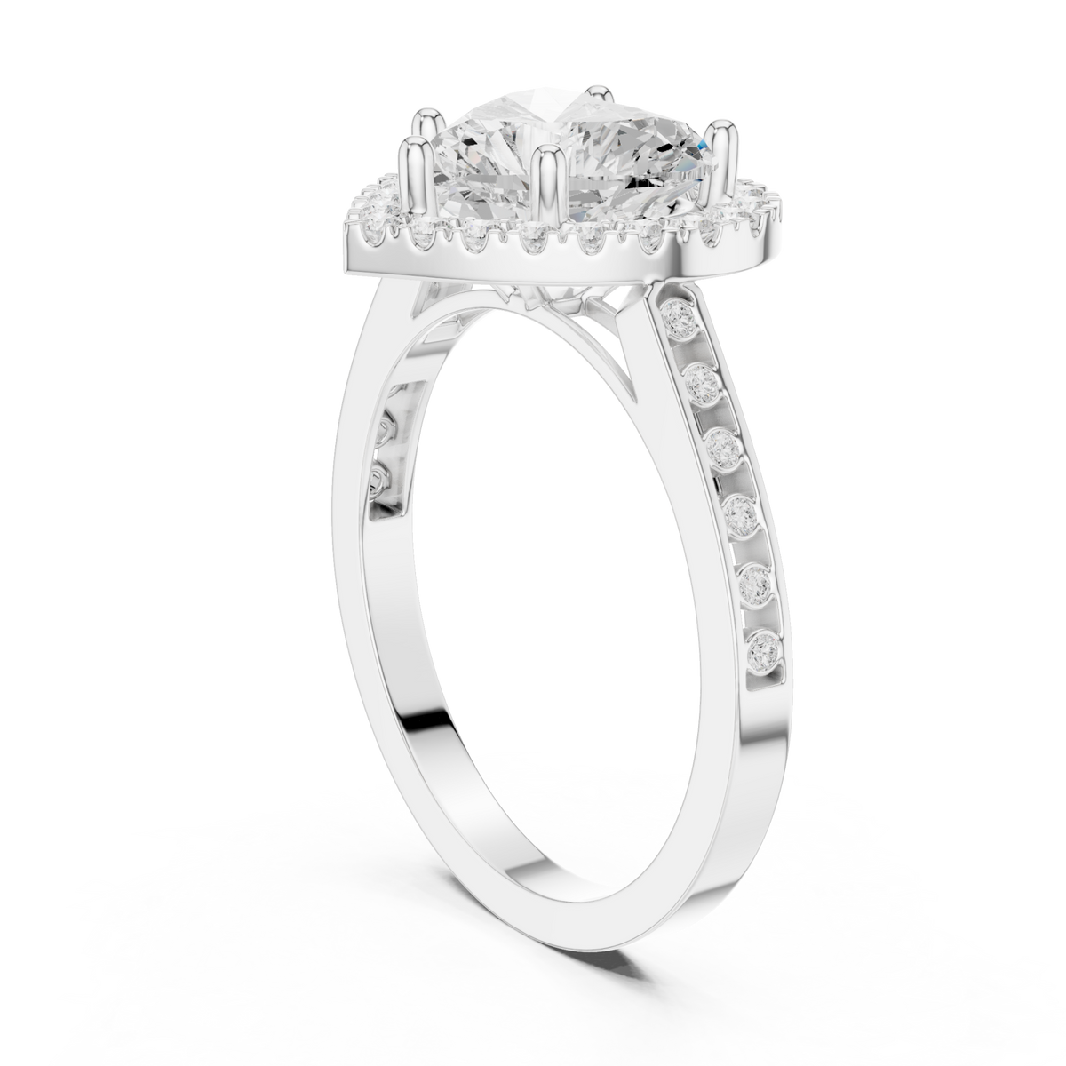 Heart channel band halo engagement ring white gold front view