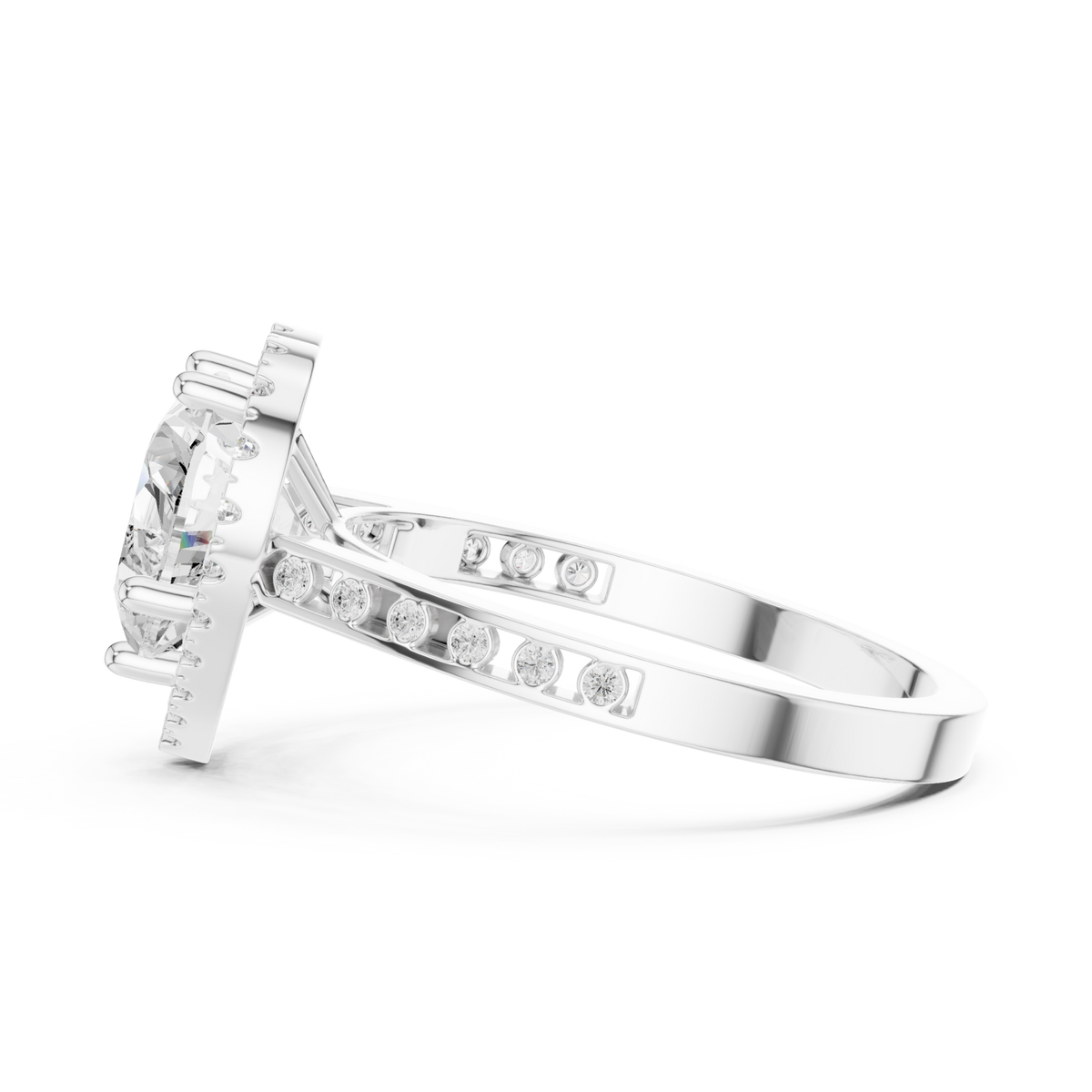 Heart channel band halo engagement ring white gold side view