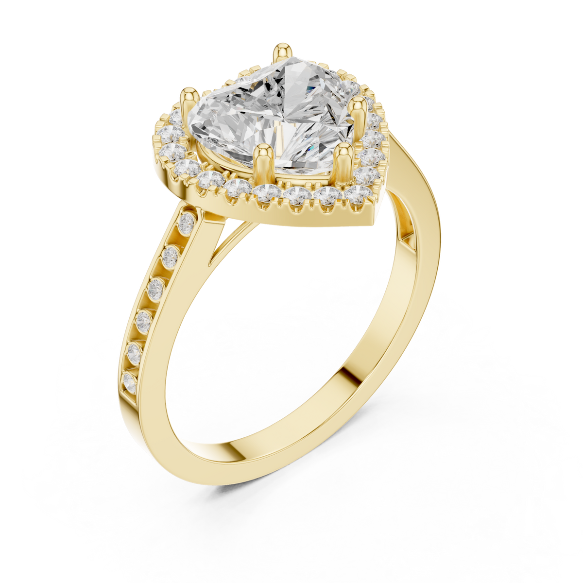 Heart channel band halo engagement ring yellow gold angle view