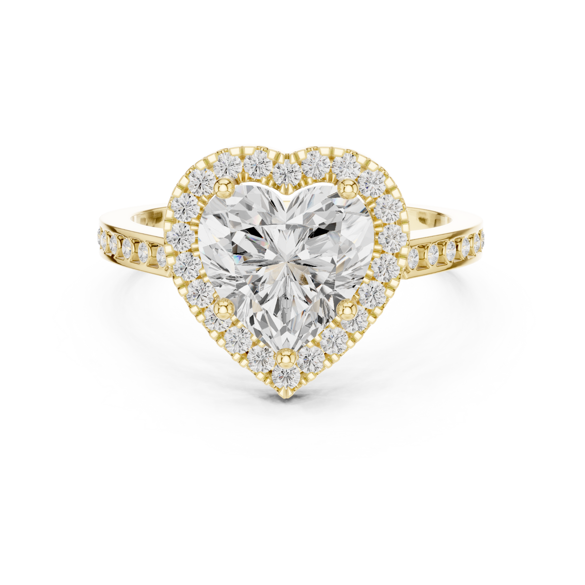 Heart channel band halo engagement ring yellow gold detail view