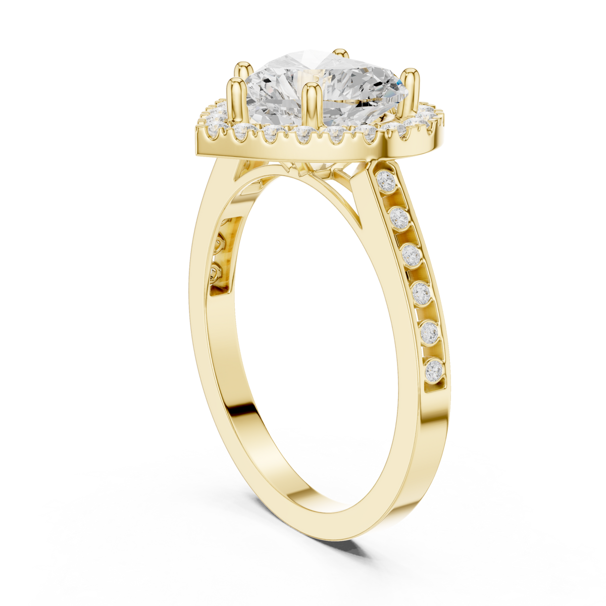 Heart channel band halo engagement ring yellow gold front view