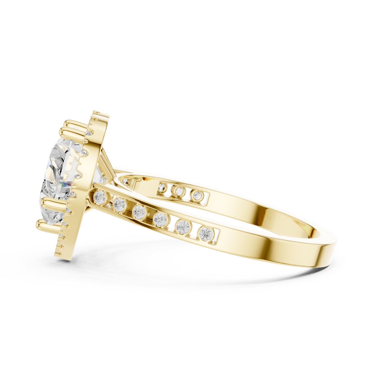 Heart channel band halo engagement ring yellow gold side view