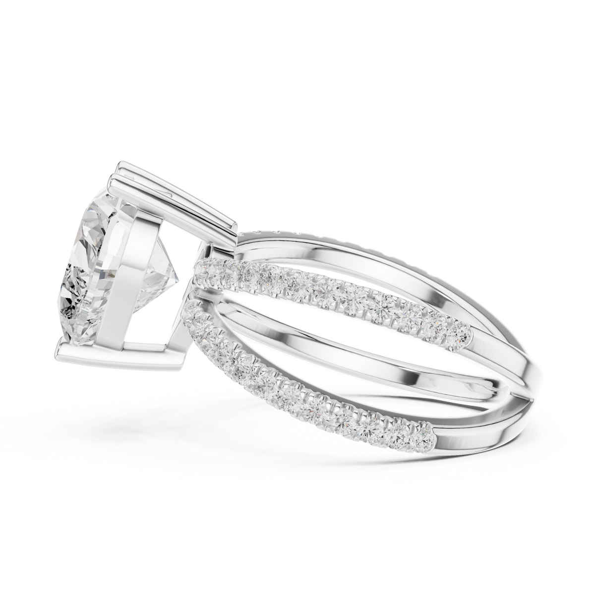 Heart crossover pave engagement ring white gold side view