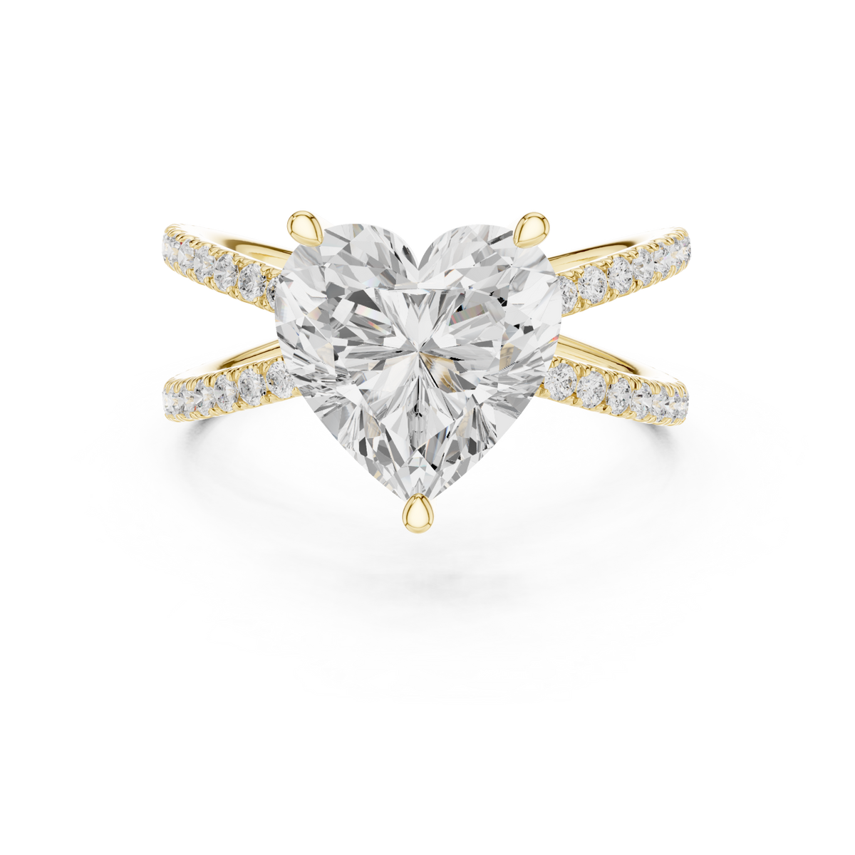 Heart crossover pave engagement ring yellow gold detail view