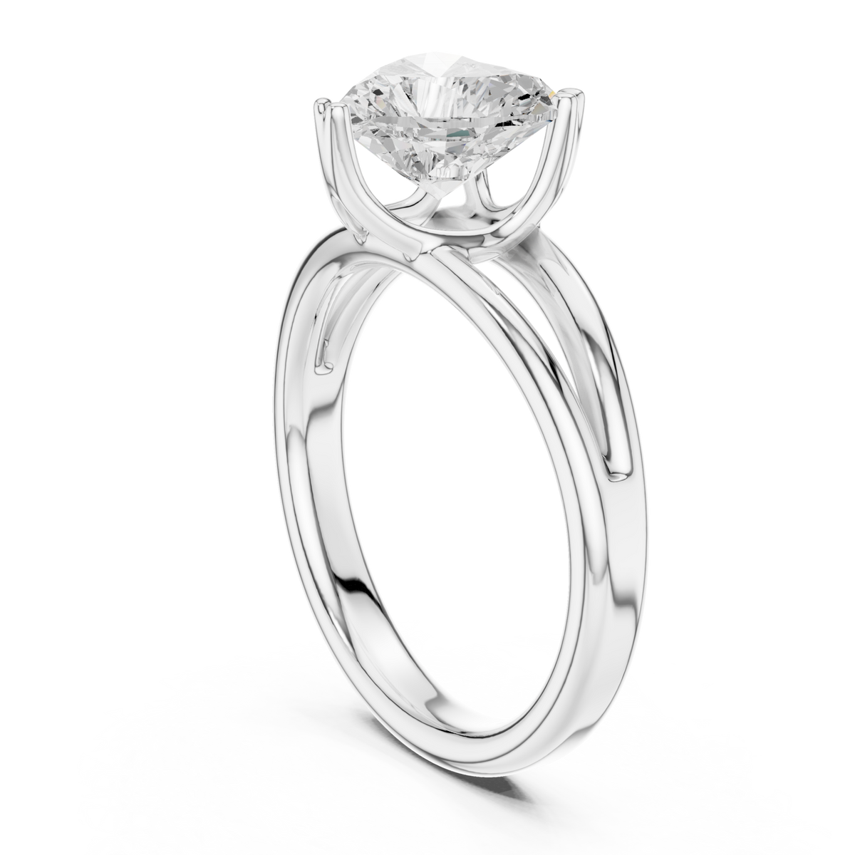 Heart crossover split shank solitaire engagement ring white gold front view