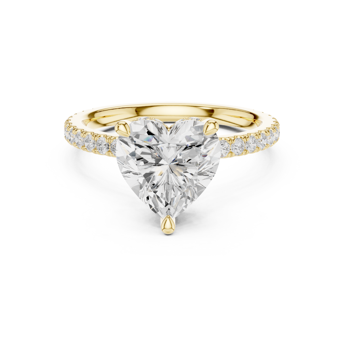 Heart double hidden halo pave engagement ring yellow gold detail view