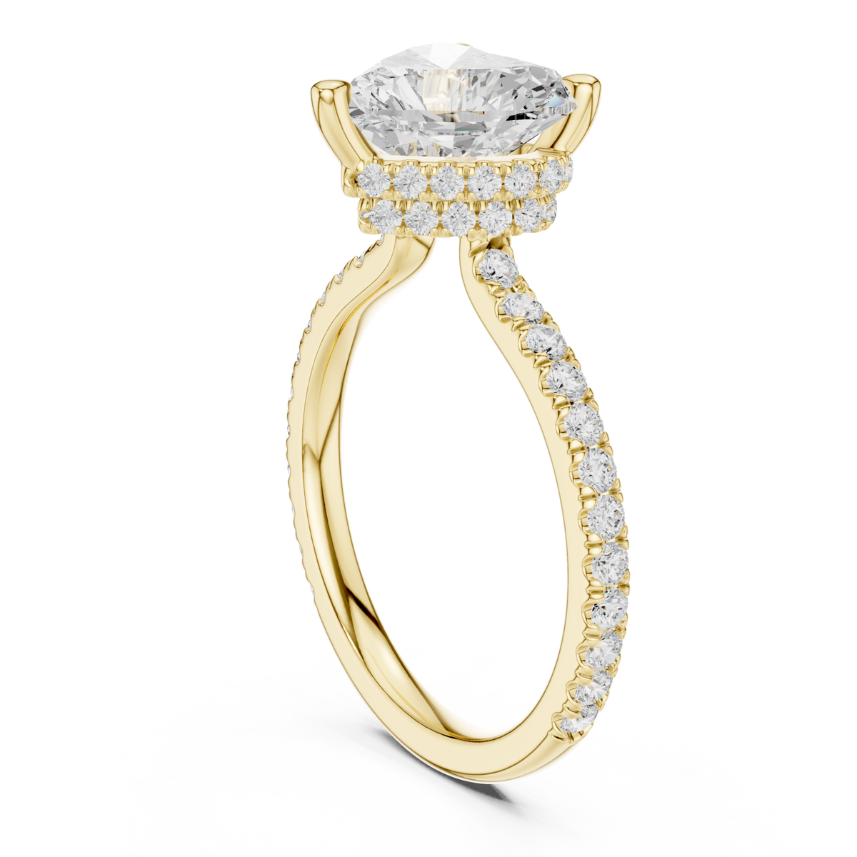 Heart double hidden halo pave engagement ring yellow gold front view