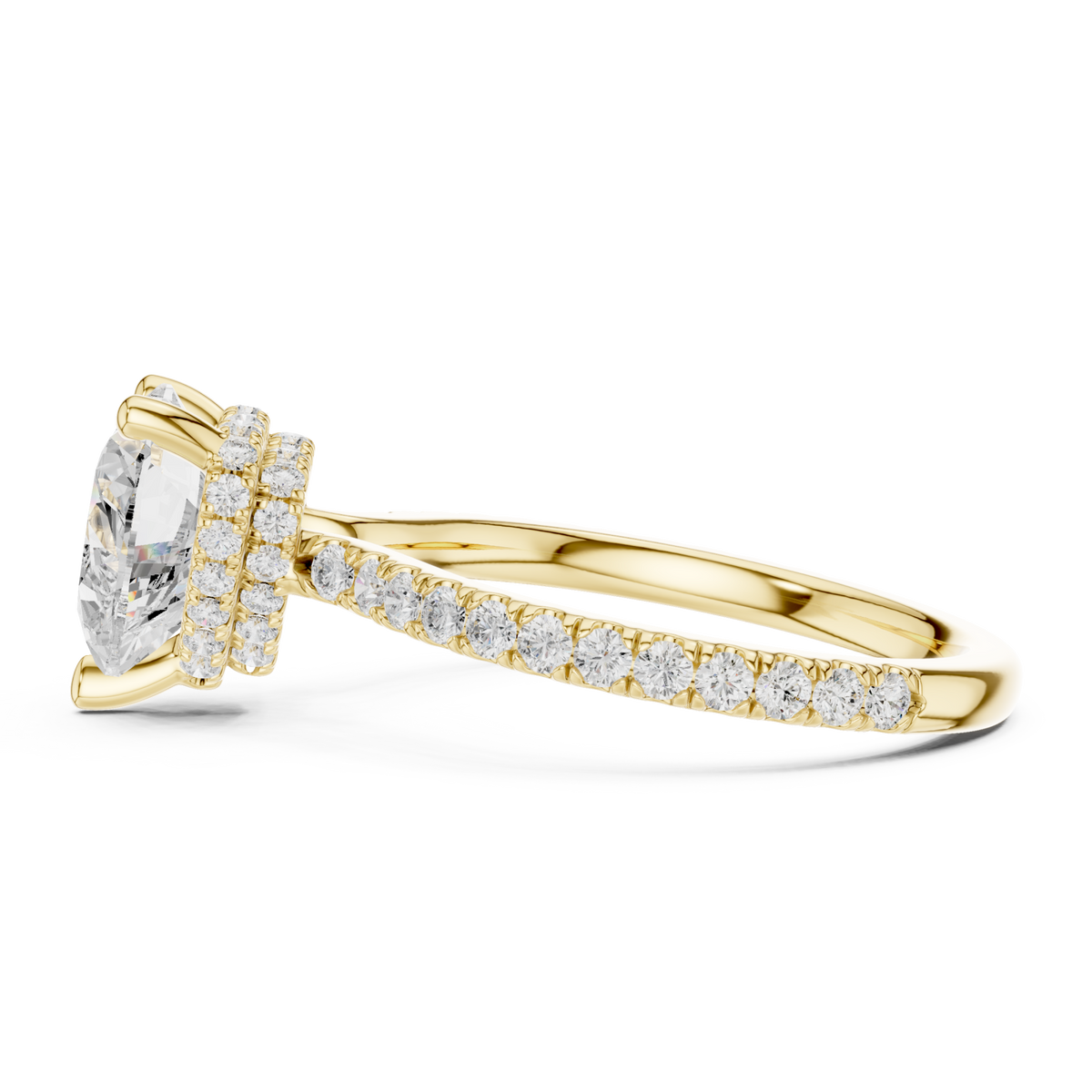 Heart double hidden halo pave engagement ring yellow gold side view