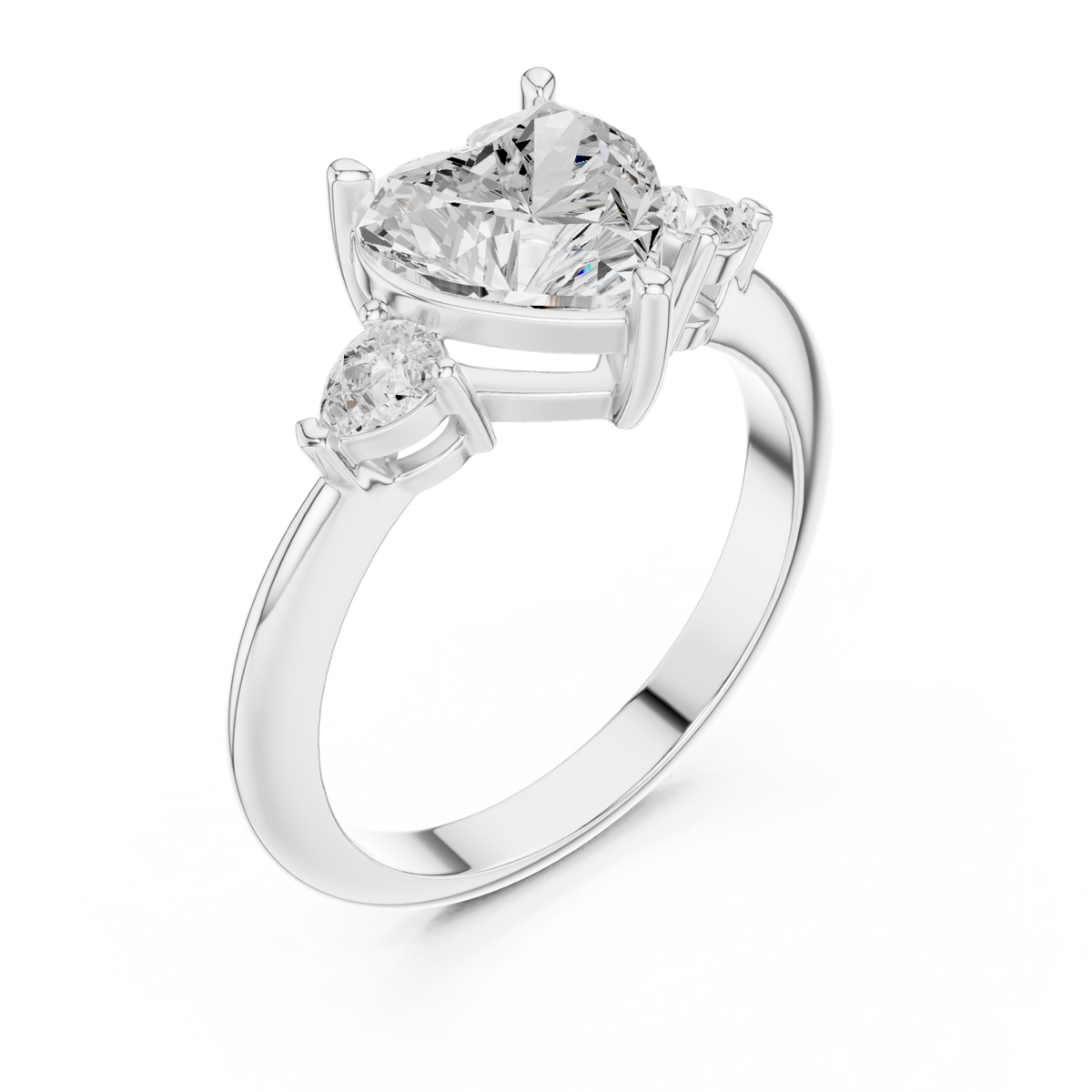 Heart east-west pear three stone engagement ring white gold angle view