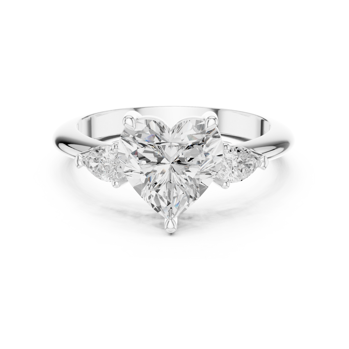 Heart east-west pear three stone engagement ring white gold detail view