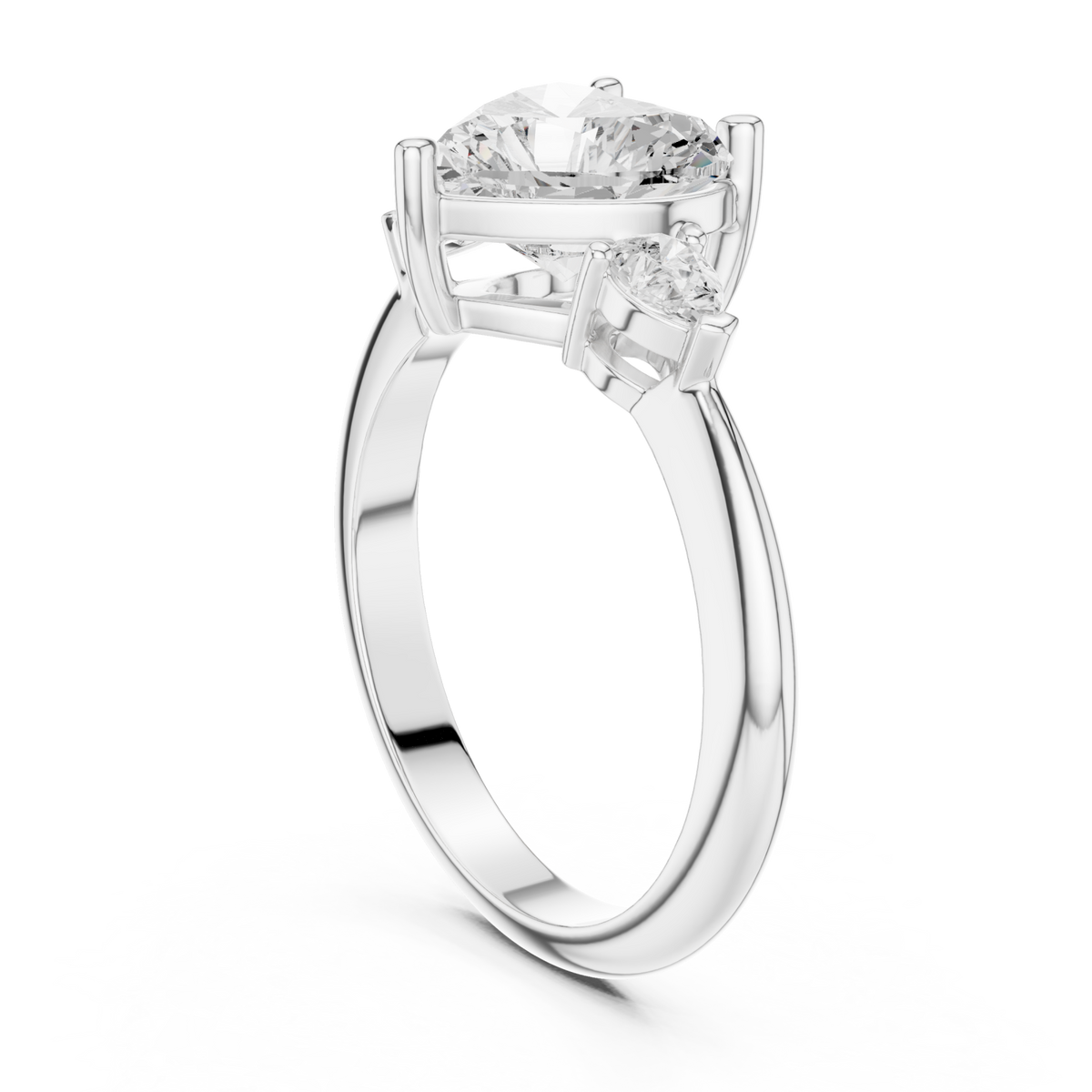 Heart east-west pear three stone engagement ring white gold front view