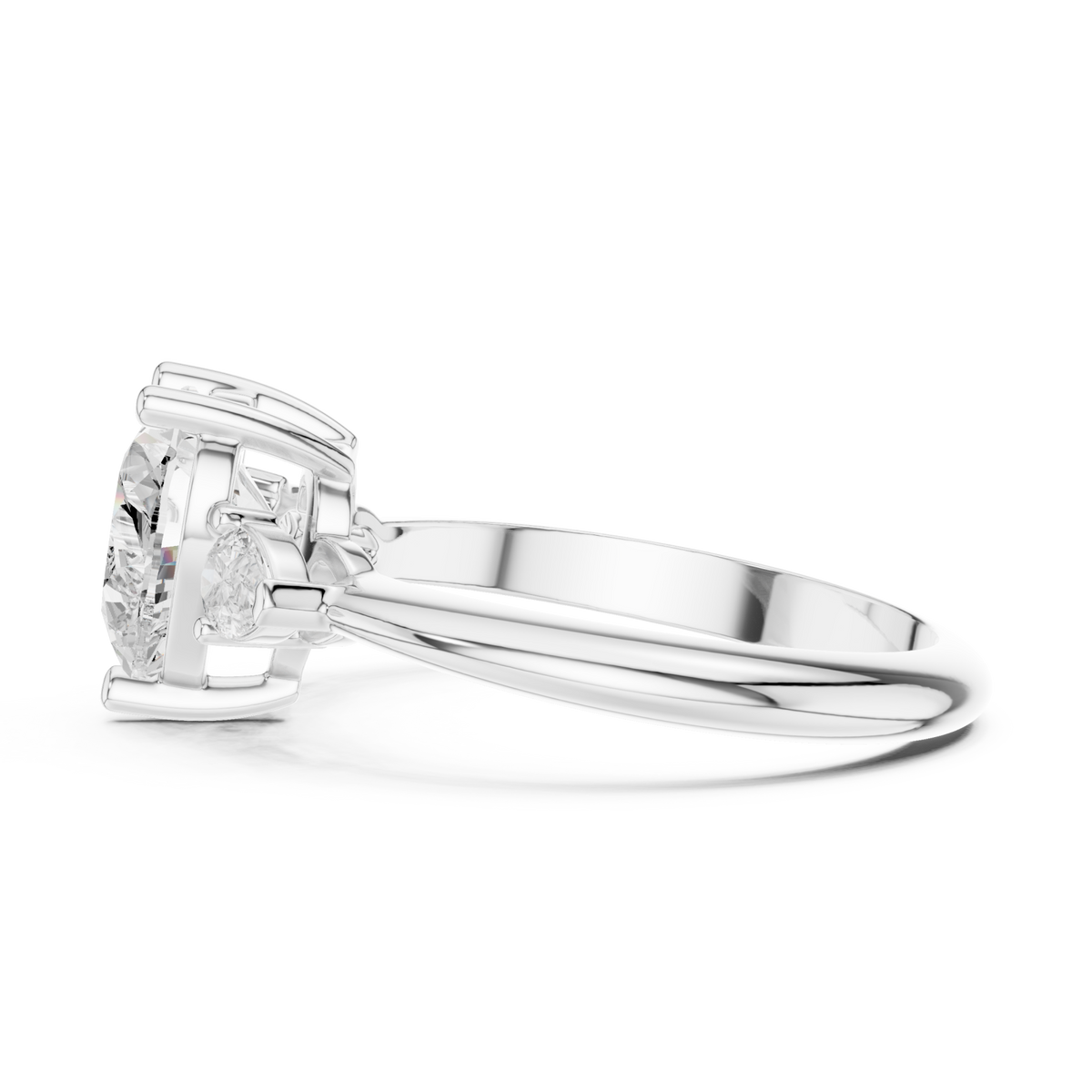 Heart east-west pear three stone engagement ring white gold side view