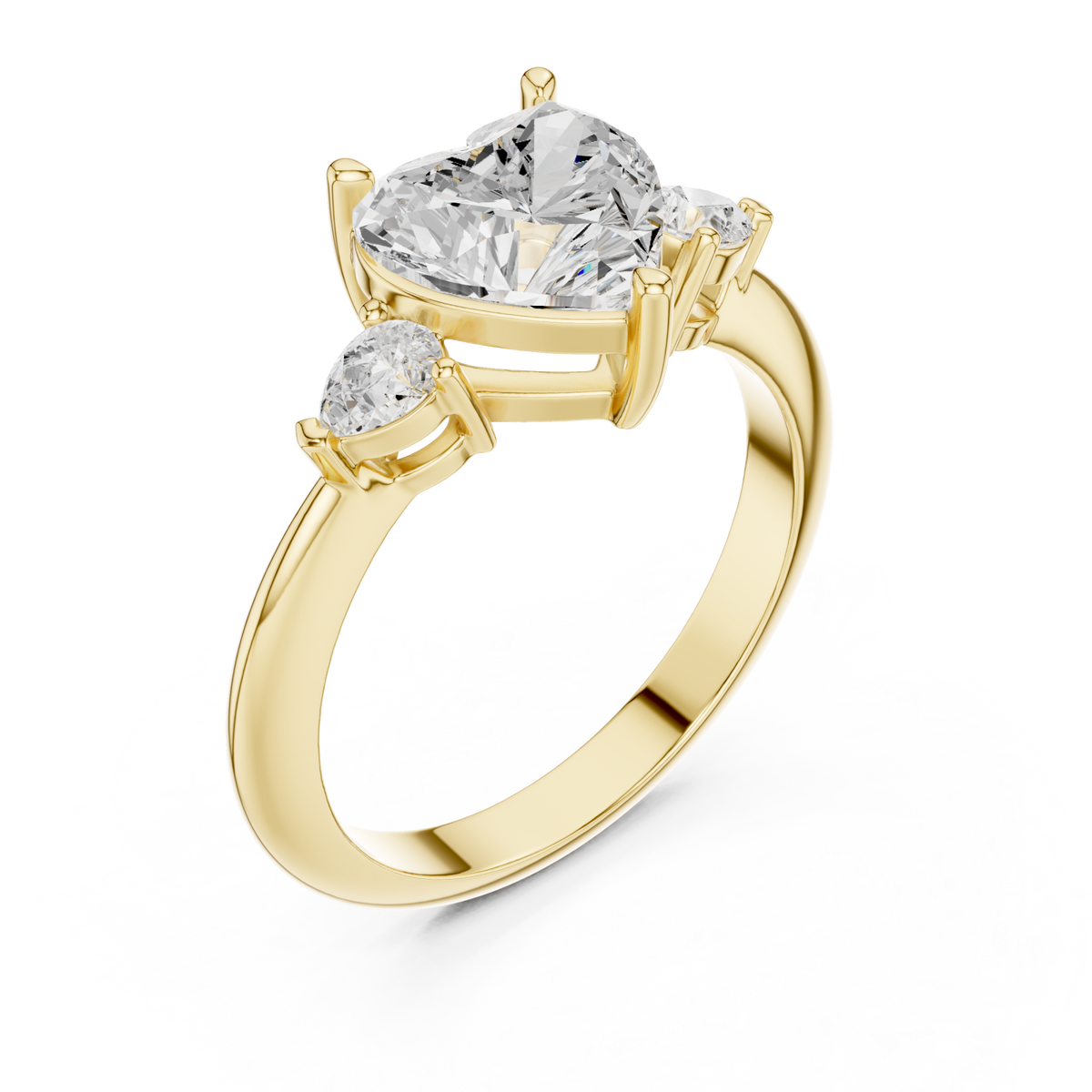 Heart east-west pear three stone engagement ring yellow gold angle view