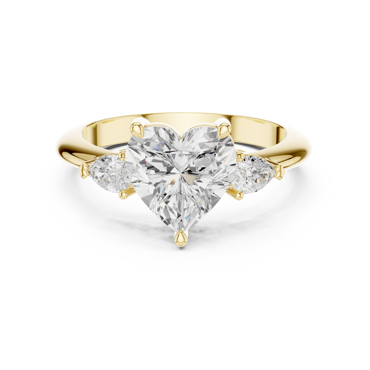 Heart east-west pear three stone engagement ring yellow gold detail view