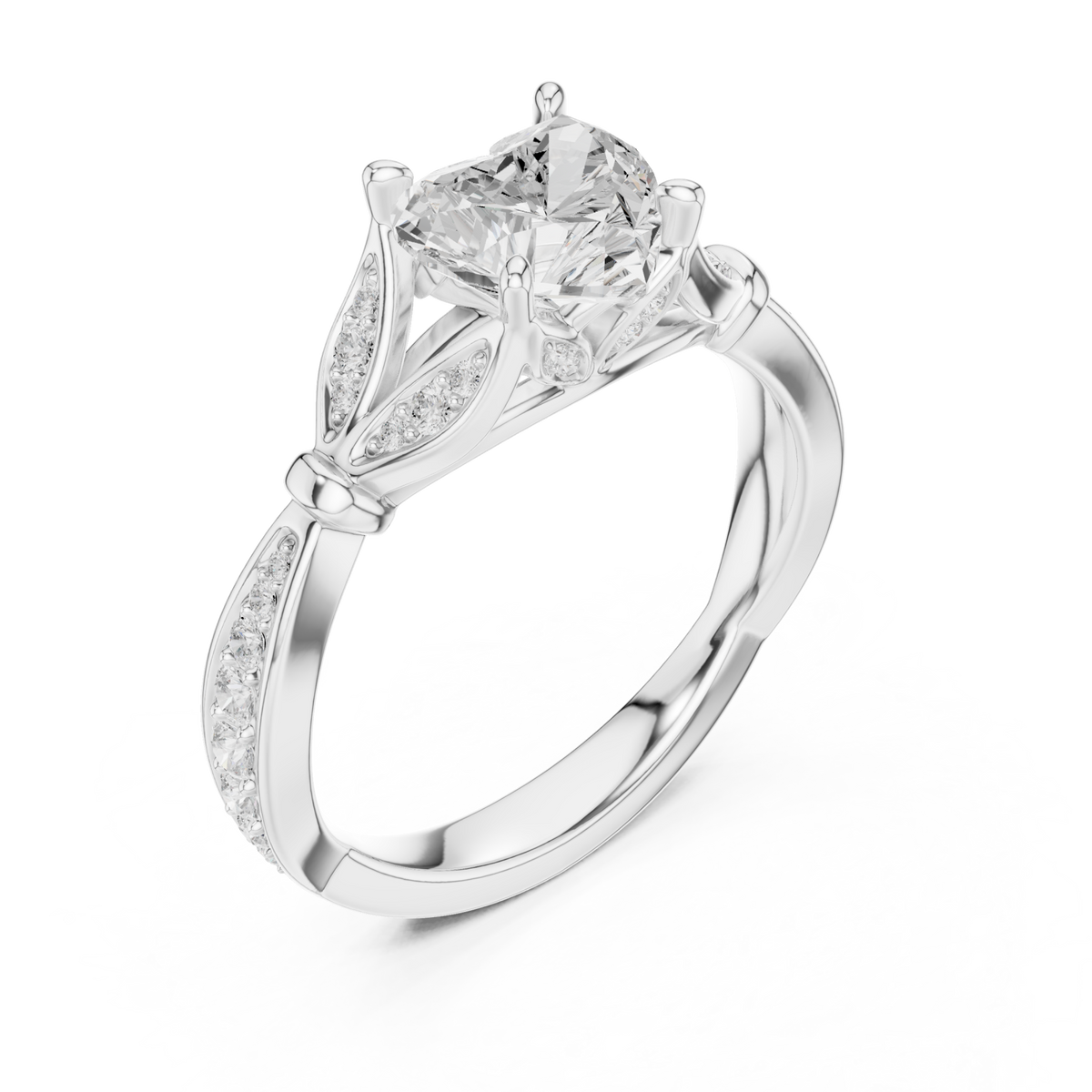 Heart floral leaf pave engagement ring white gold angle view