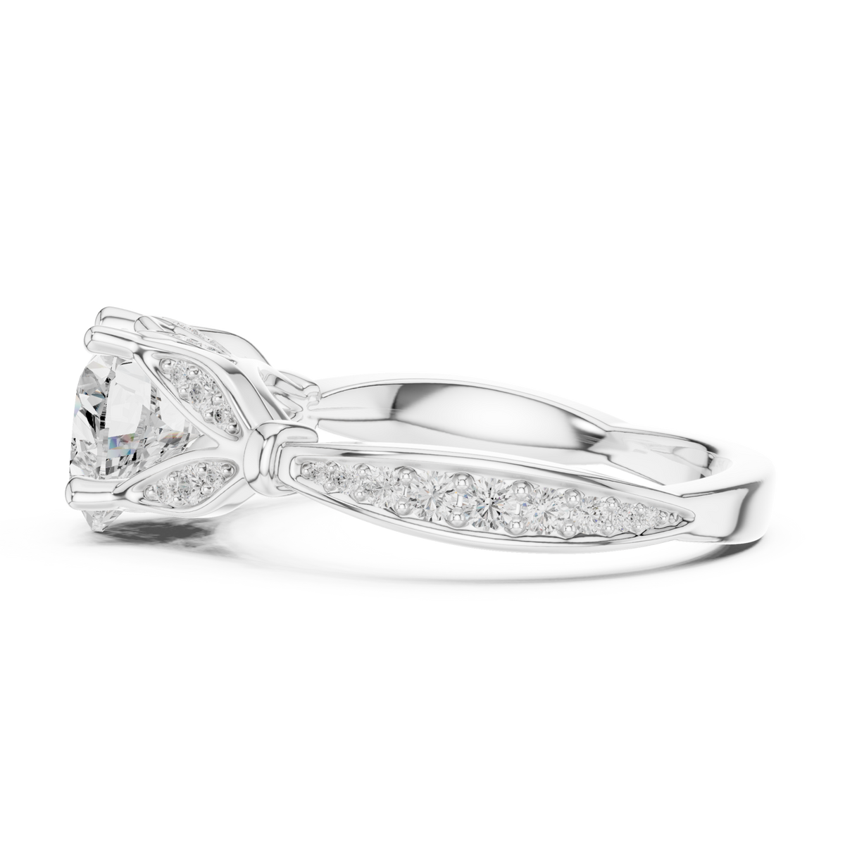 Heart floral leaf pave engagement ring white gold side view