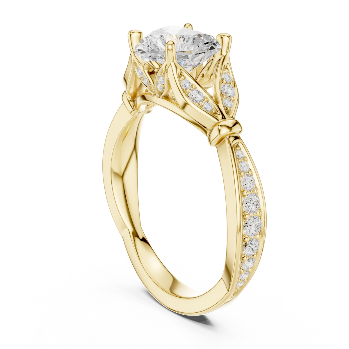 Heart floral leaf pave engagement ring yellow gold front view
