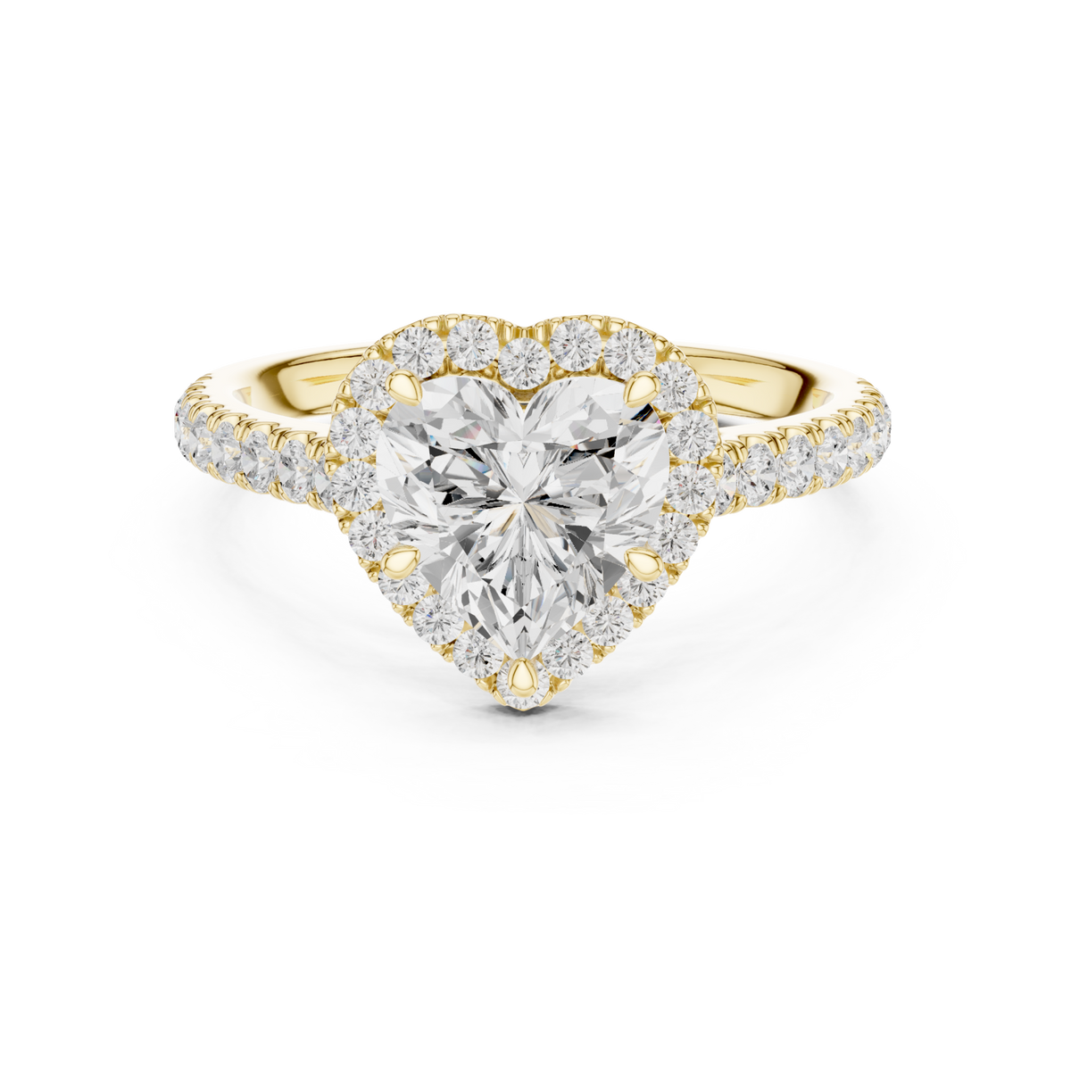 Heart french pave halo engagement ring yellow gold detail view