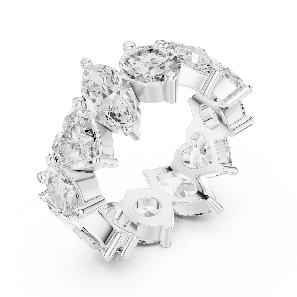 Heart marquise and round scatter full eternity band white gold front view