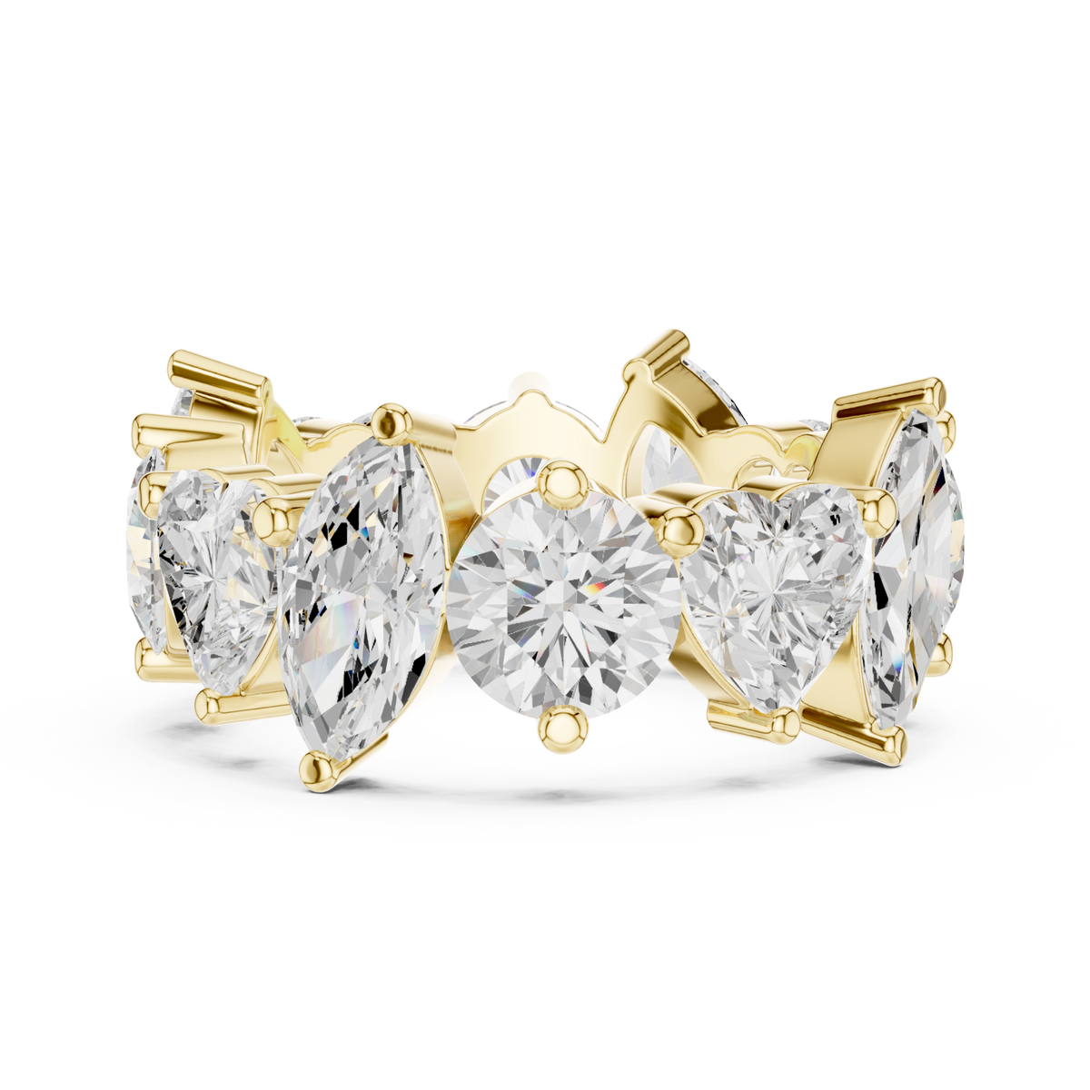 Heart marquise and round scatter full eternity band yellow gold angle view