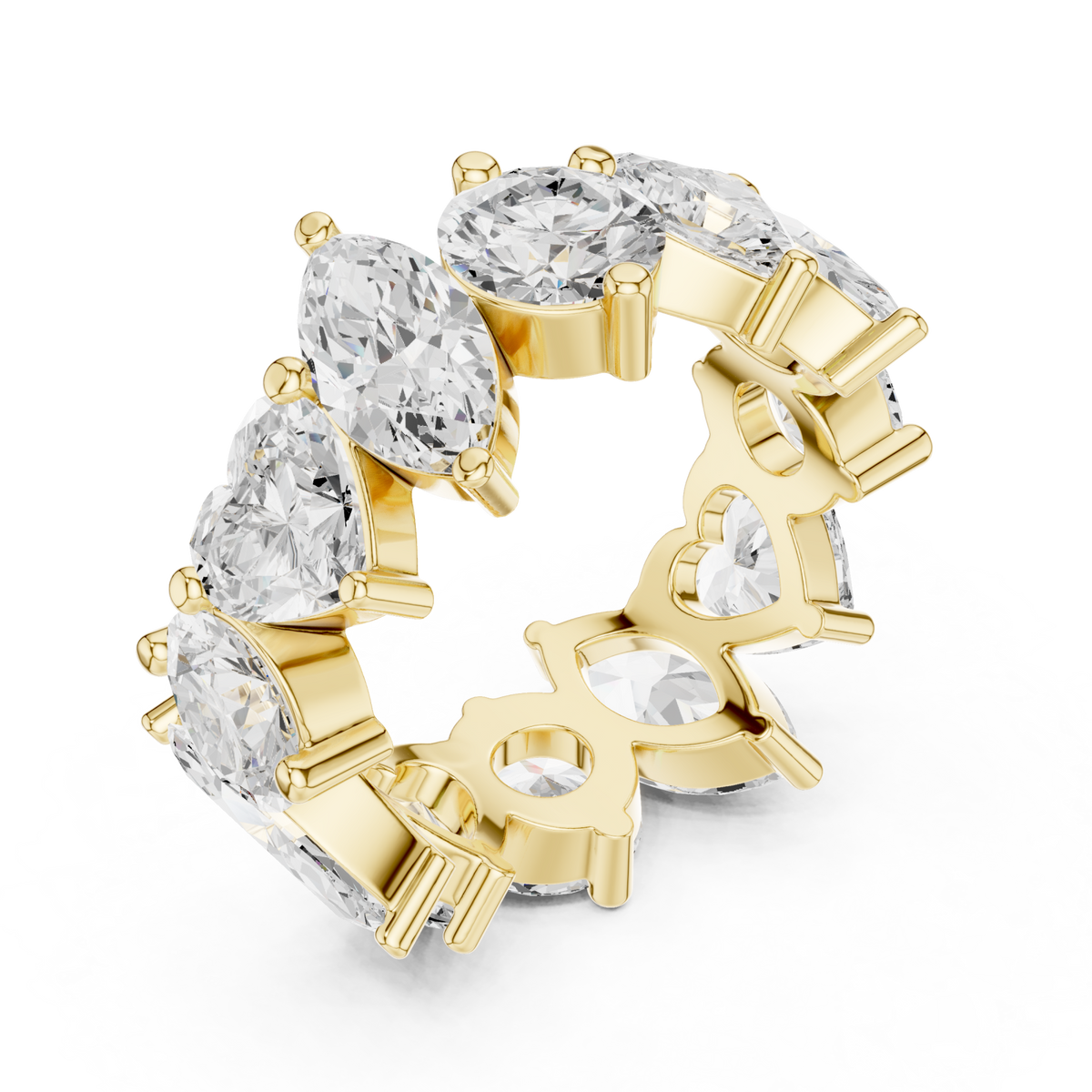 Heart marquise and round scatter full eternity band yellow gold front view