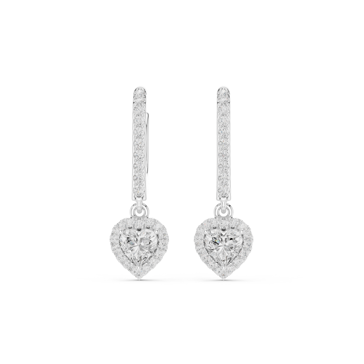  White Gold Heart Pave Bar Halo Drop Earrings Detail View