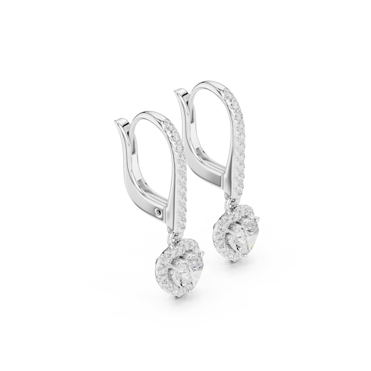  White Gold Heart Pave Bar Halo Drop Earrings Front View