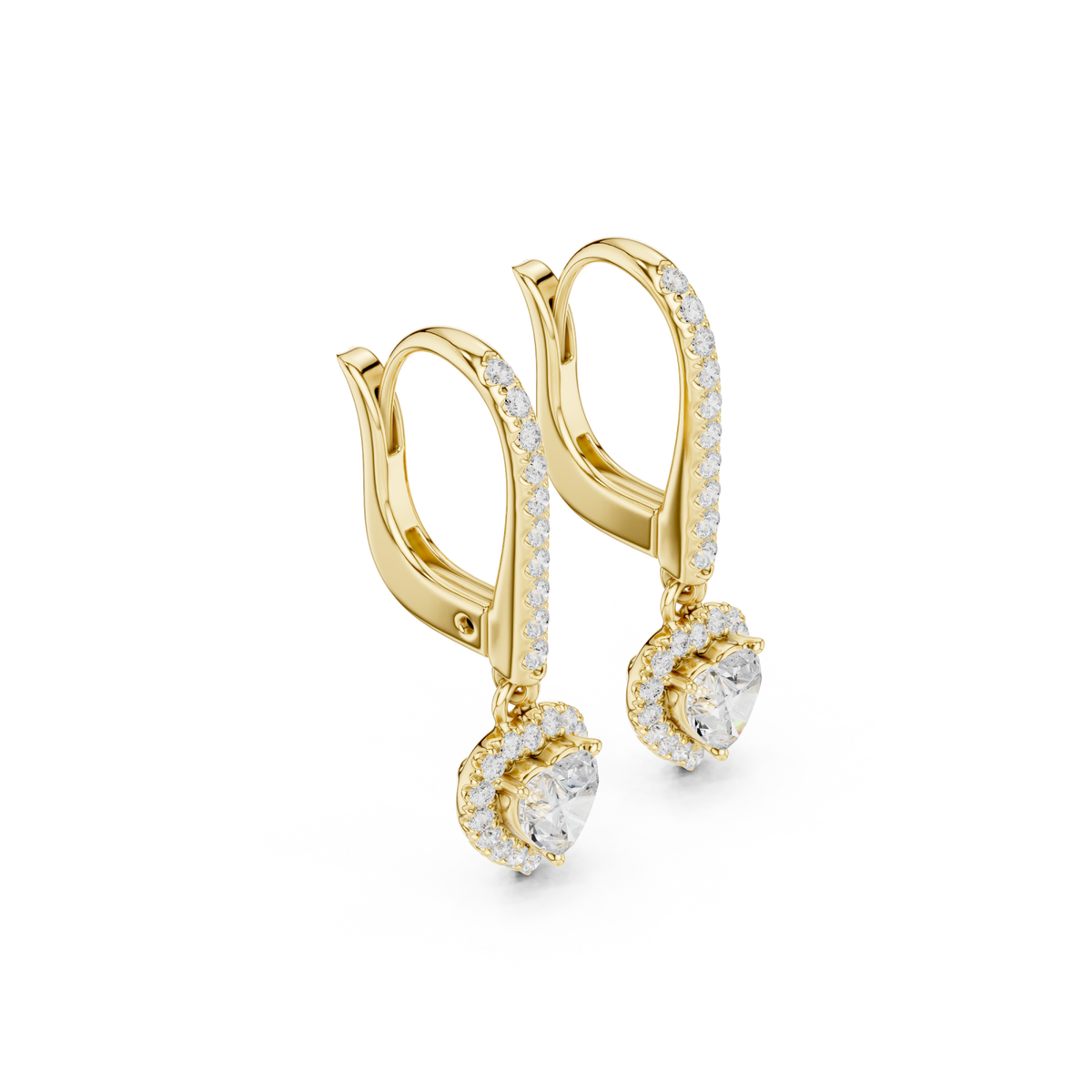 Gold Heart Pave Bar Halo Drop Earrings Front View