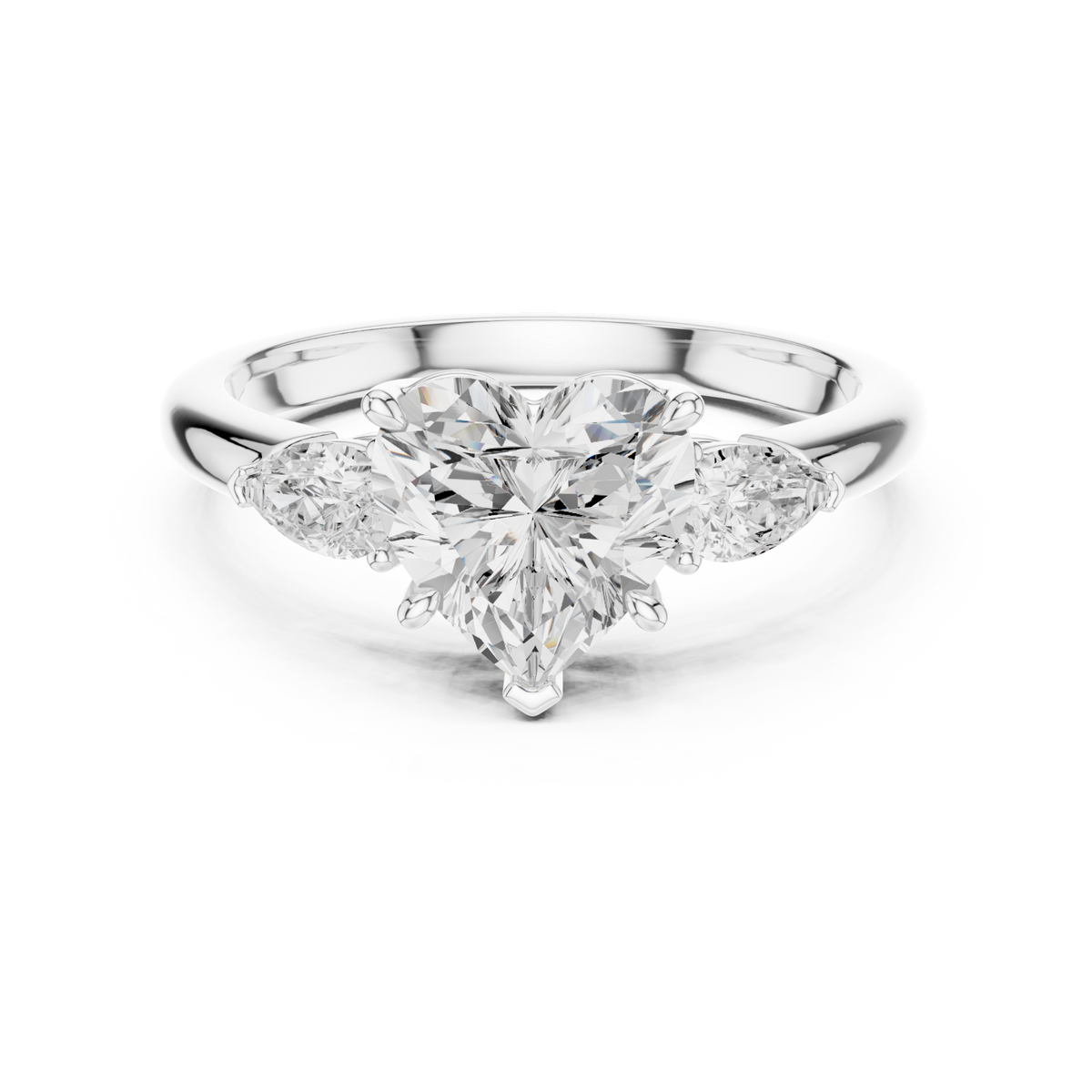 Heart pear side three stone engagement ring white gold detail view