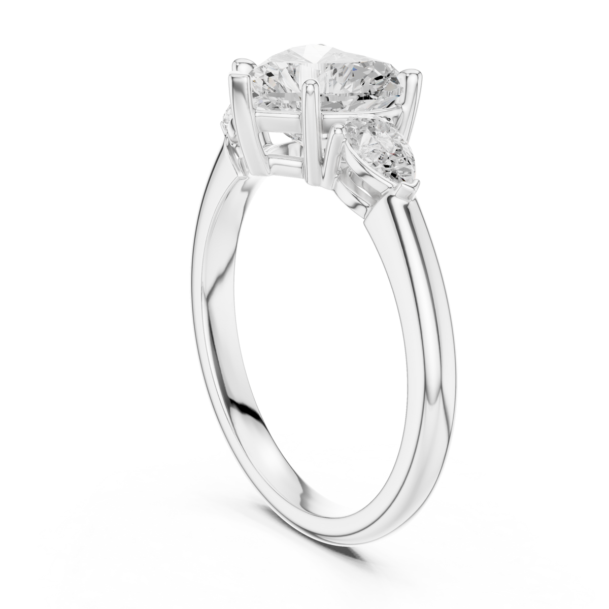 Heart pear side three stone engagement ring white gold front view