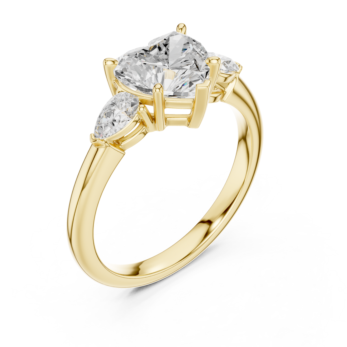 Heart pear side three stone engagement ring yellow gold angle view