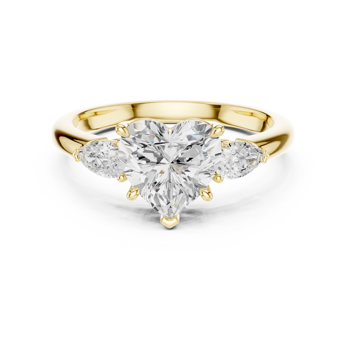Heart pear side three stone engagement ring yellow gold detail view