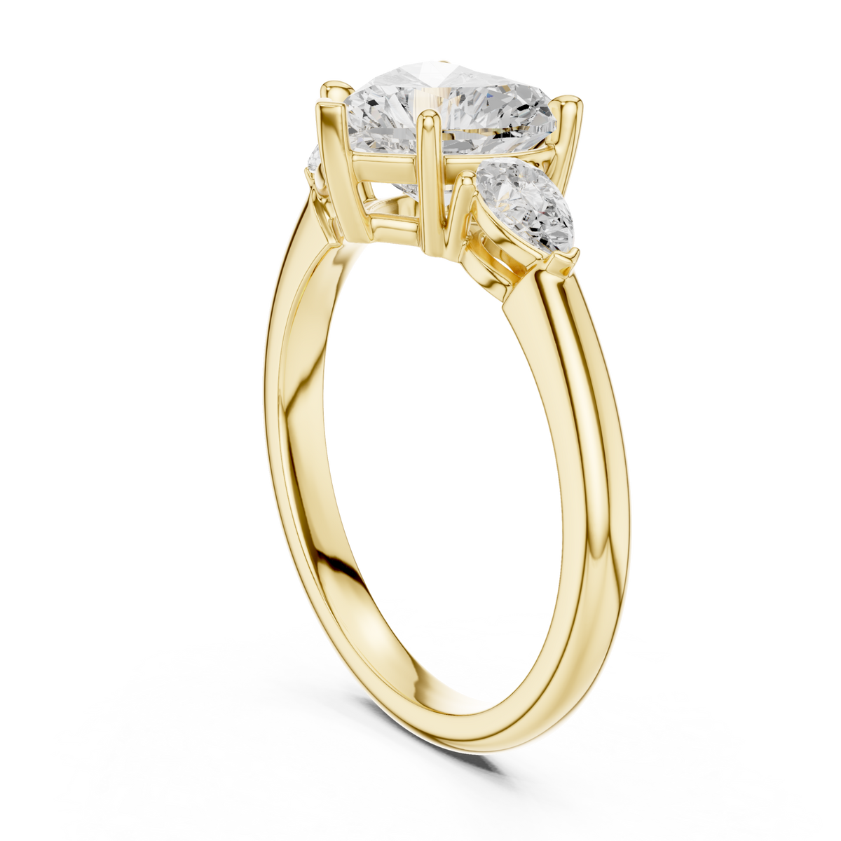 Heart pear side three stone engagement ring yellow gold front view