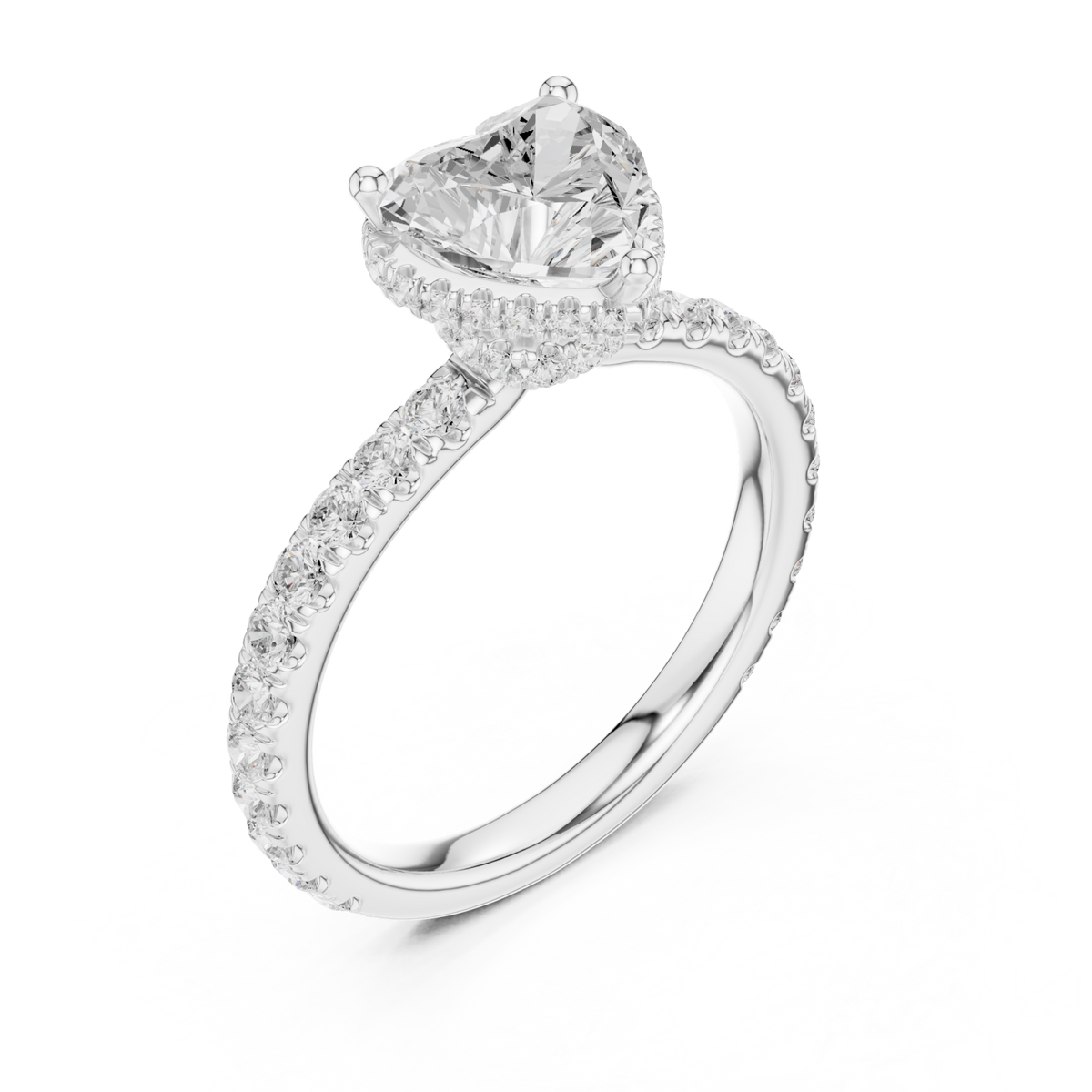 Heart petite hidden halo pave engagement ring white gold angle view