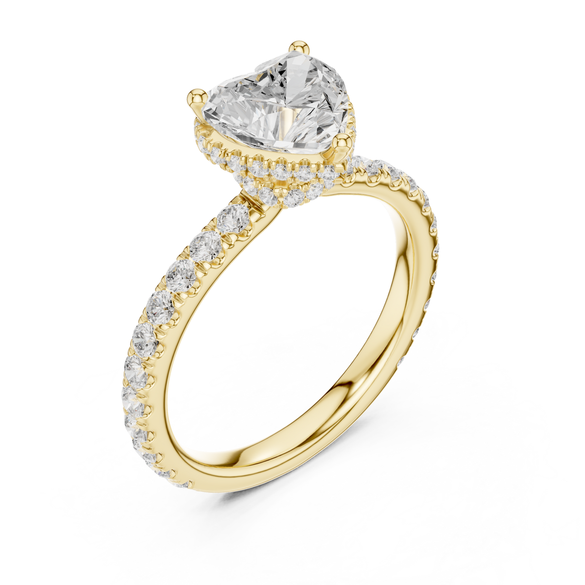 Heart petite hidden halo pave engagement ring yellow gold angle view
