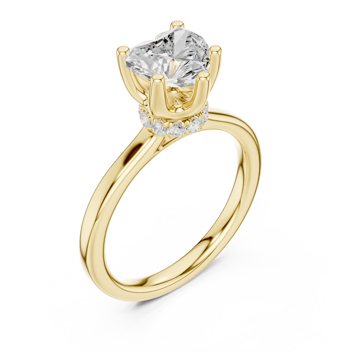 Heart petite hidden halo solitaire engagement ring yellow gold angle view