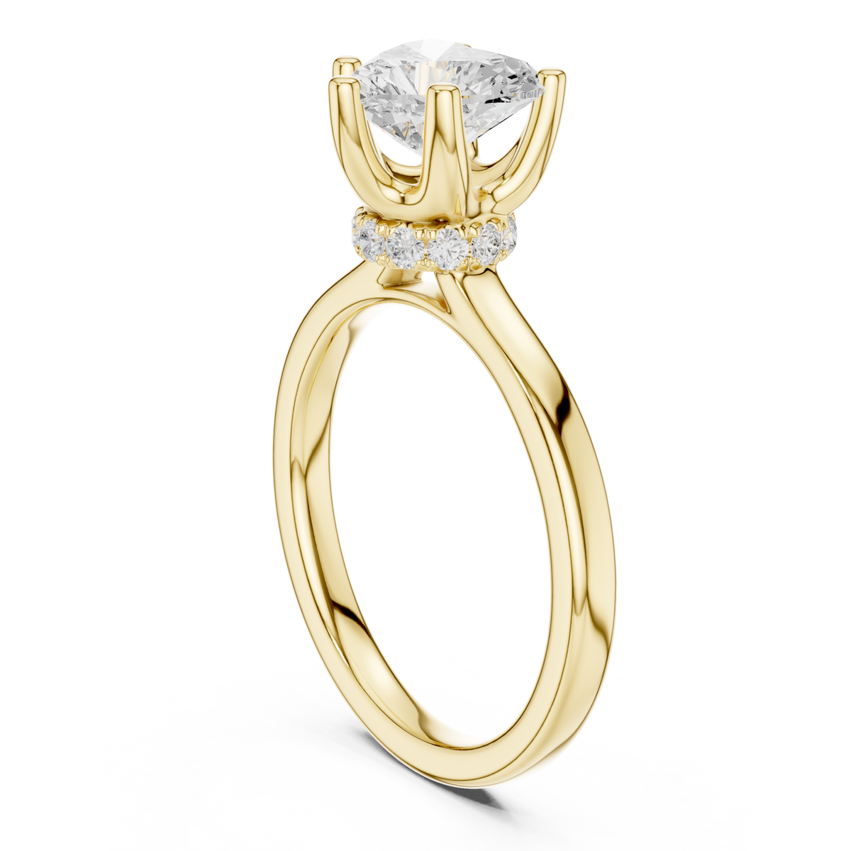 Heart petite hidden halo solitaire engagement ring yellow gold front view