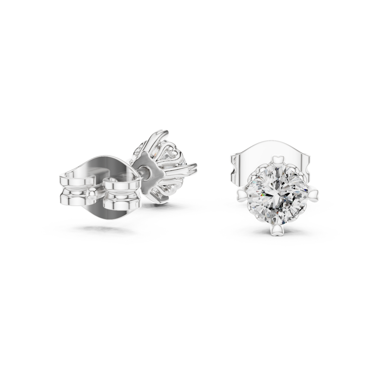  White Gold Heart Prong Round Diamond Studs Front View