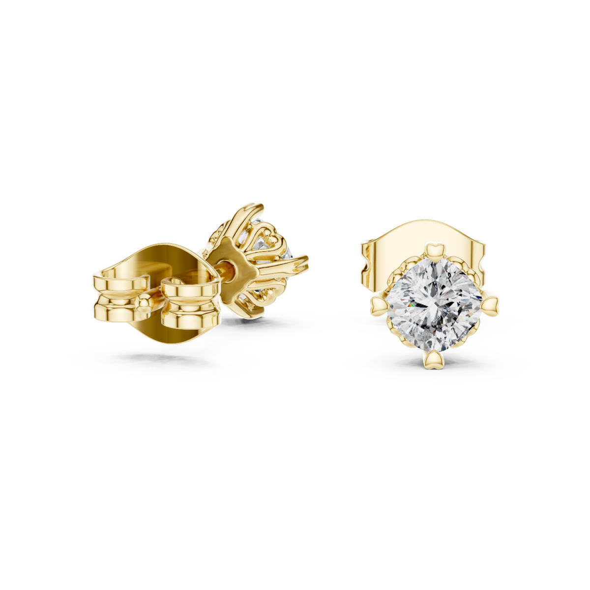 Gold Heart Prong Round Diamond Studs Front View