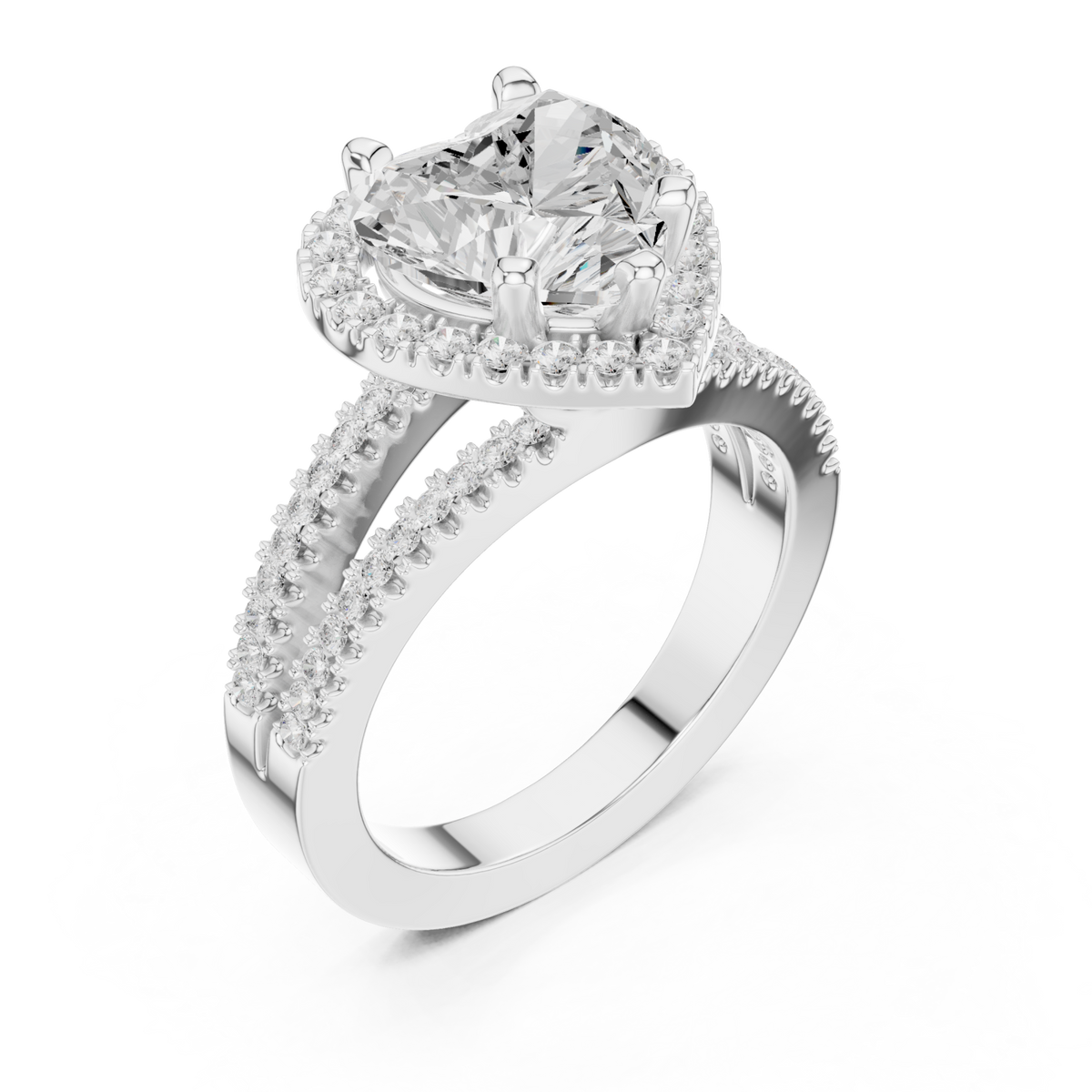 Heart split shank halo engagement ring white gold angle view