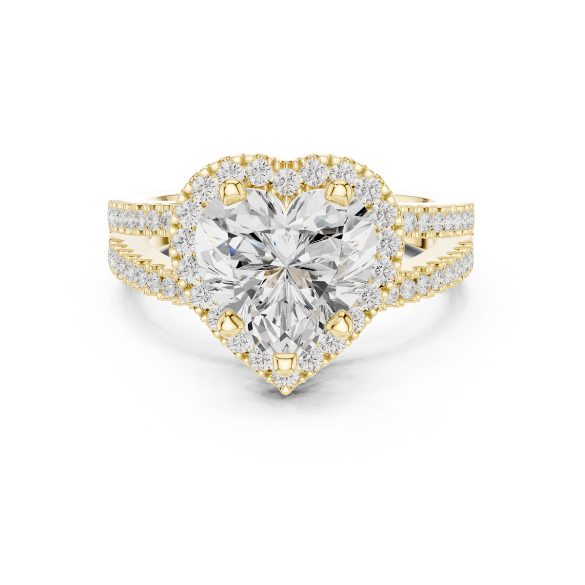 Heart split shank halo engagement ring yellow gold detail view
