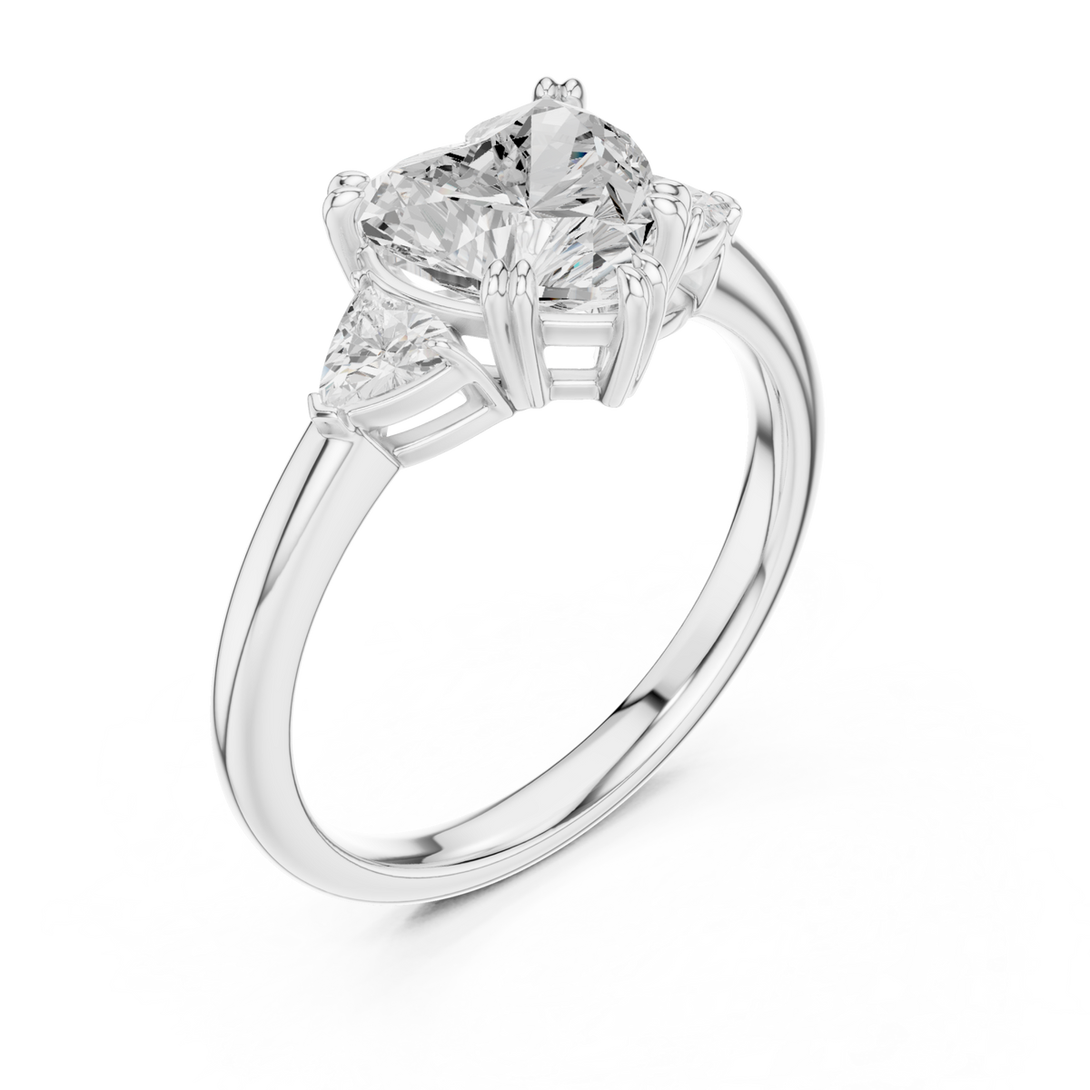 Heart trillion side three stone engagement ring white gold angle view