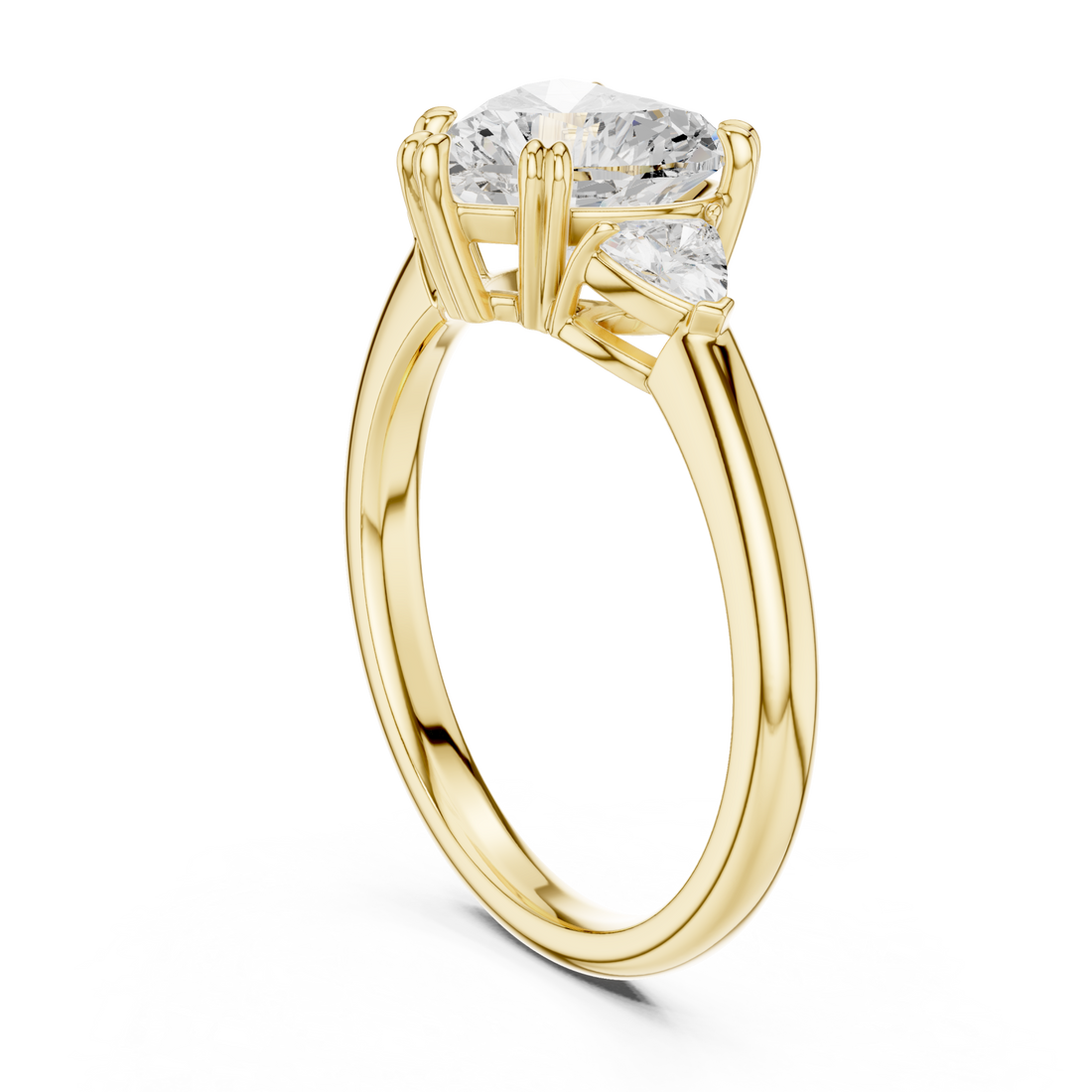 Heart trillion side three stone engagement ring yellow gold front view