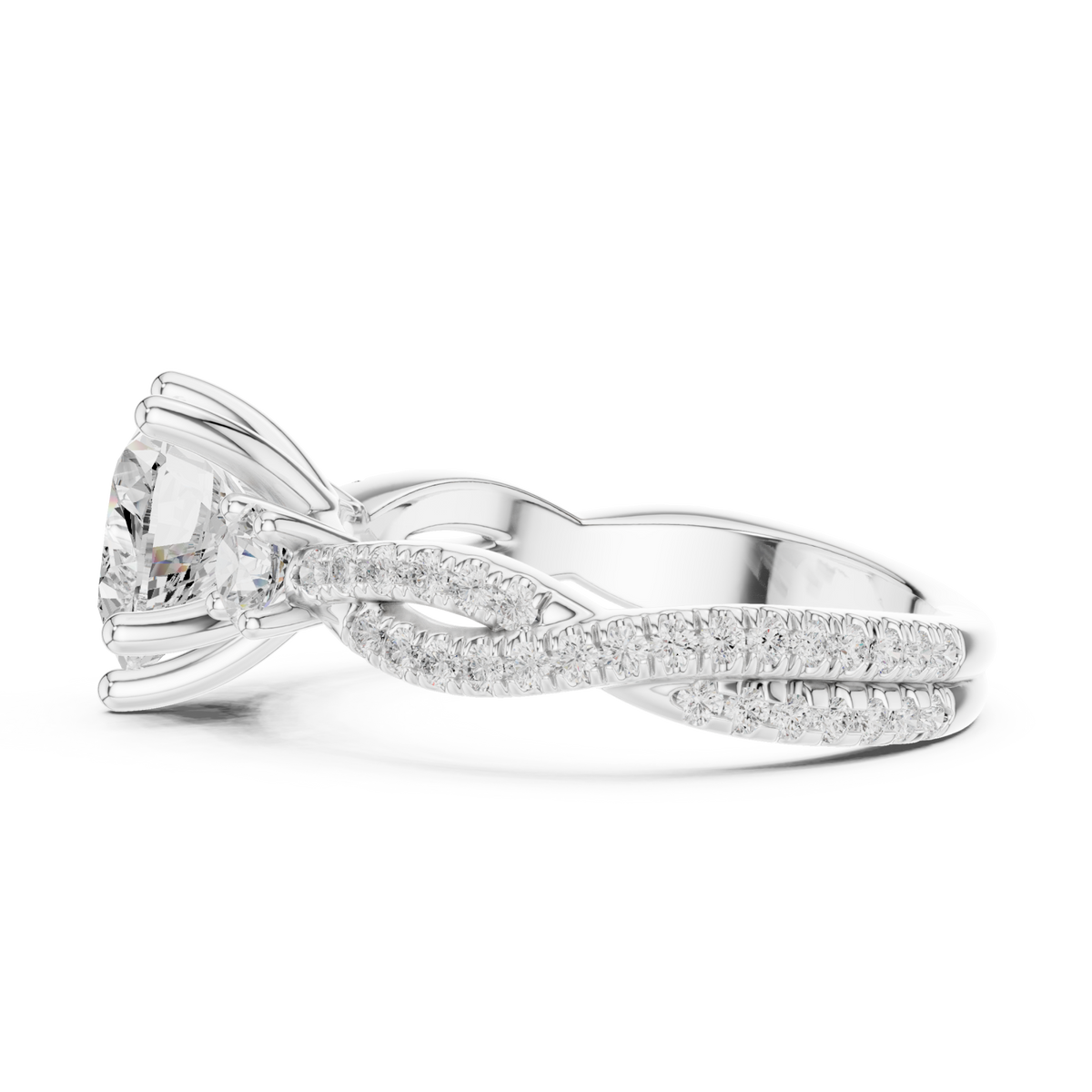 Heart twist three stone engagement ring white gold side view