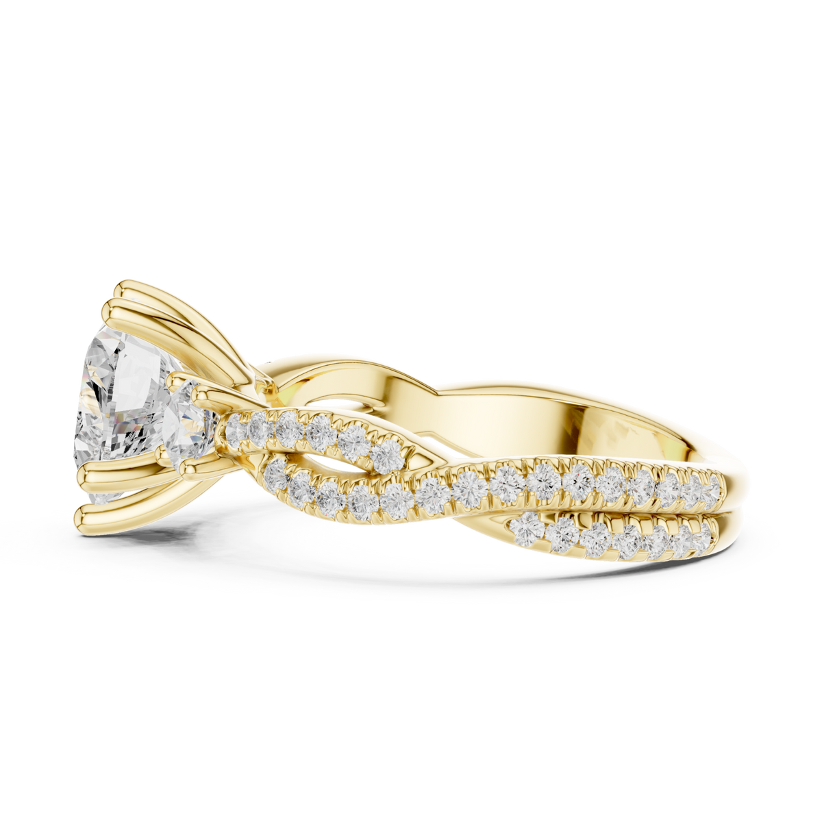 Heart twist three stone engagement ring yellow gold side view