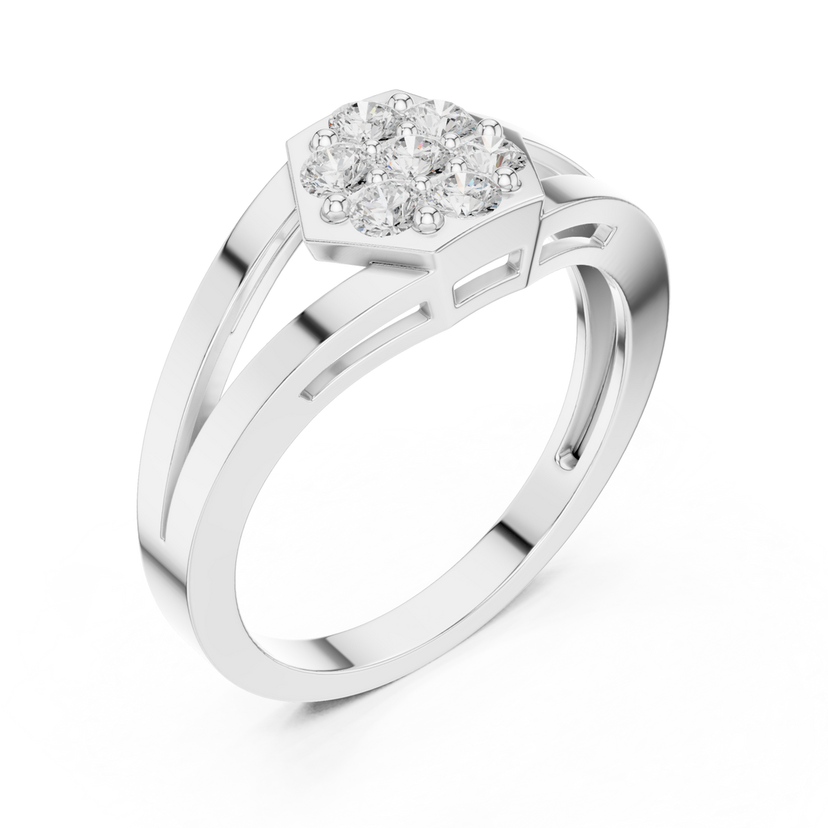 Hexagon cluster split shank ring white gold front view