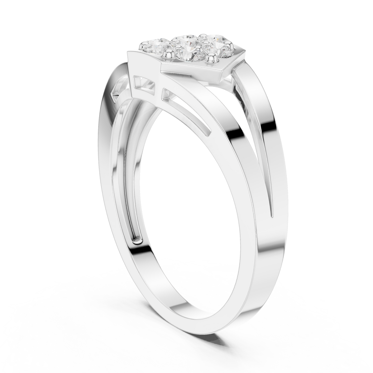 Hexagon cluster split shank ring white gold side view