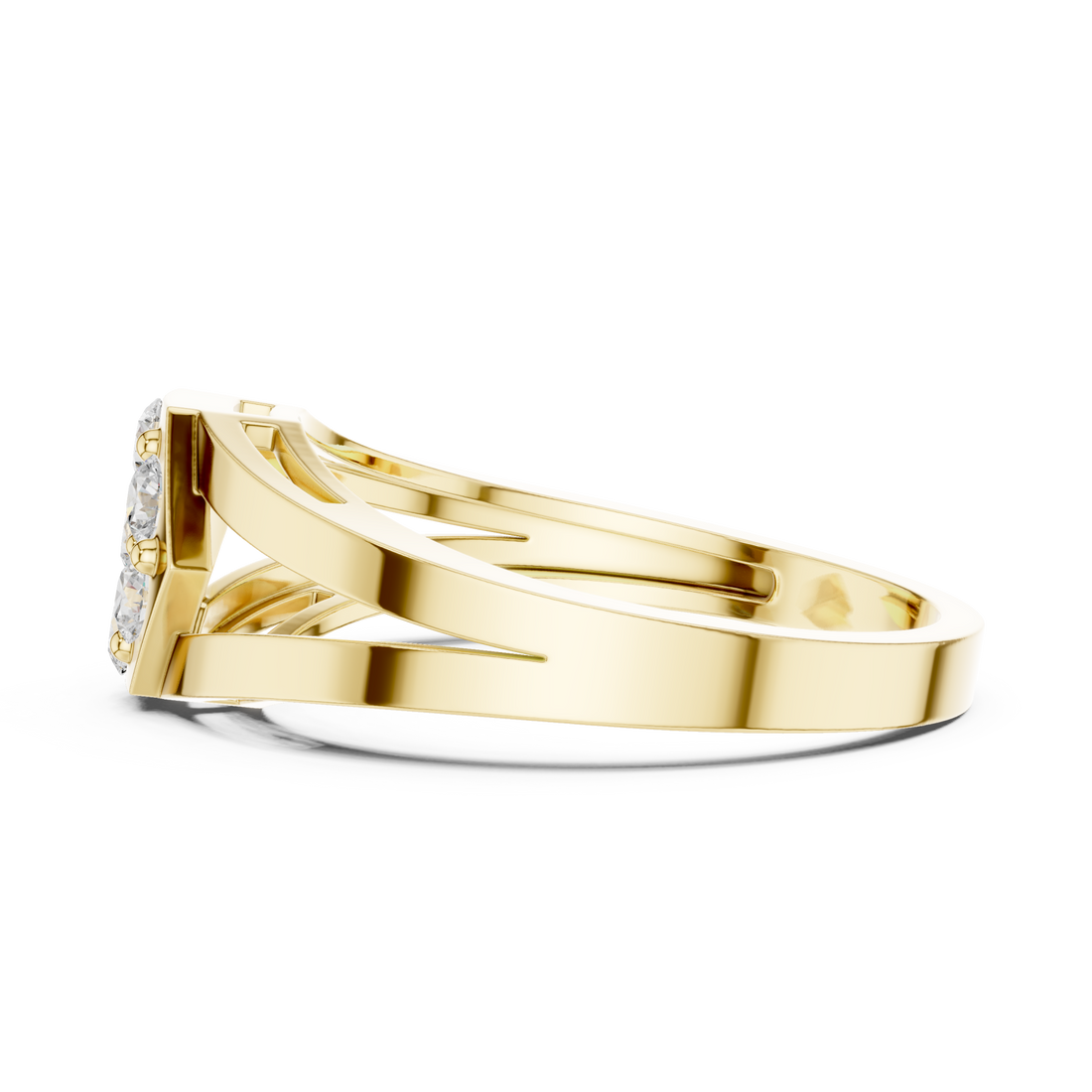 Hexagon cluster split shank ring yellow gold front view