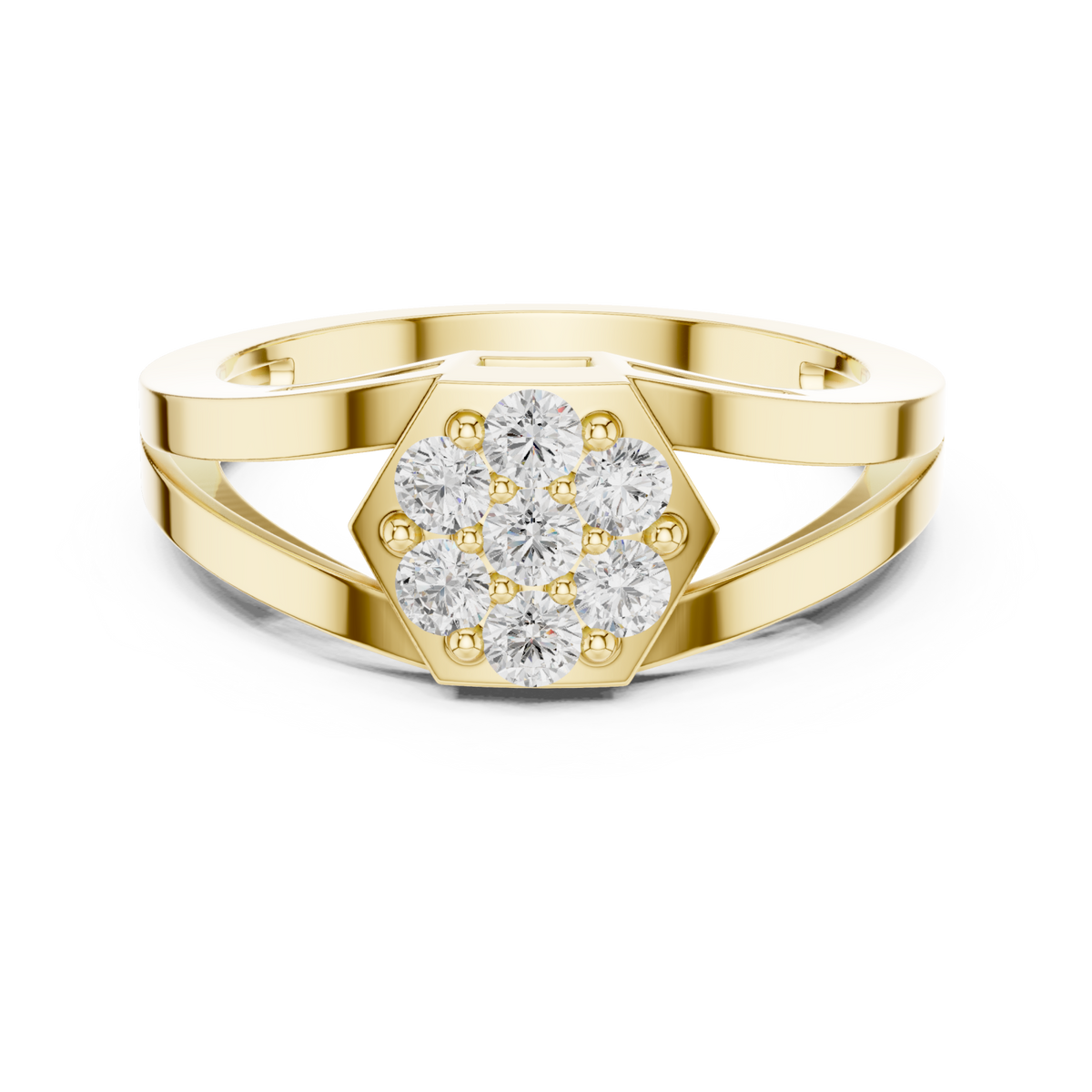 Hexagon cluster split shank ring yellow gold detail view
