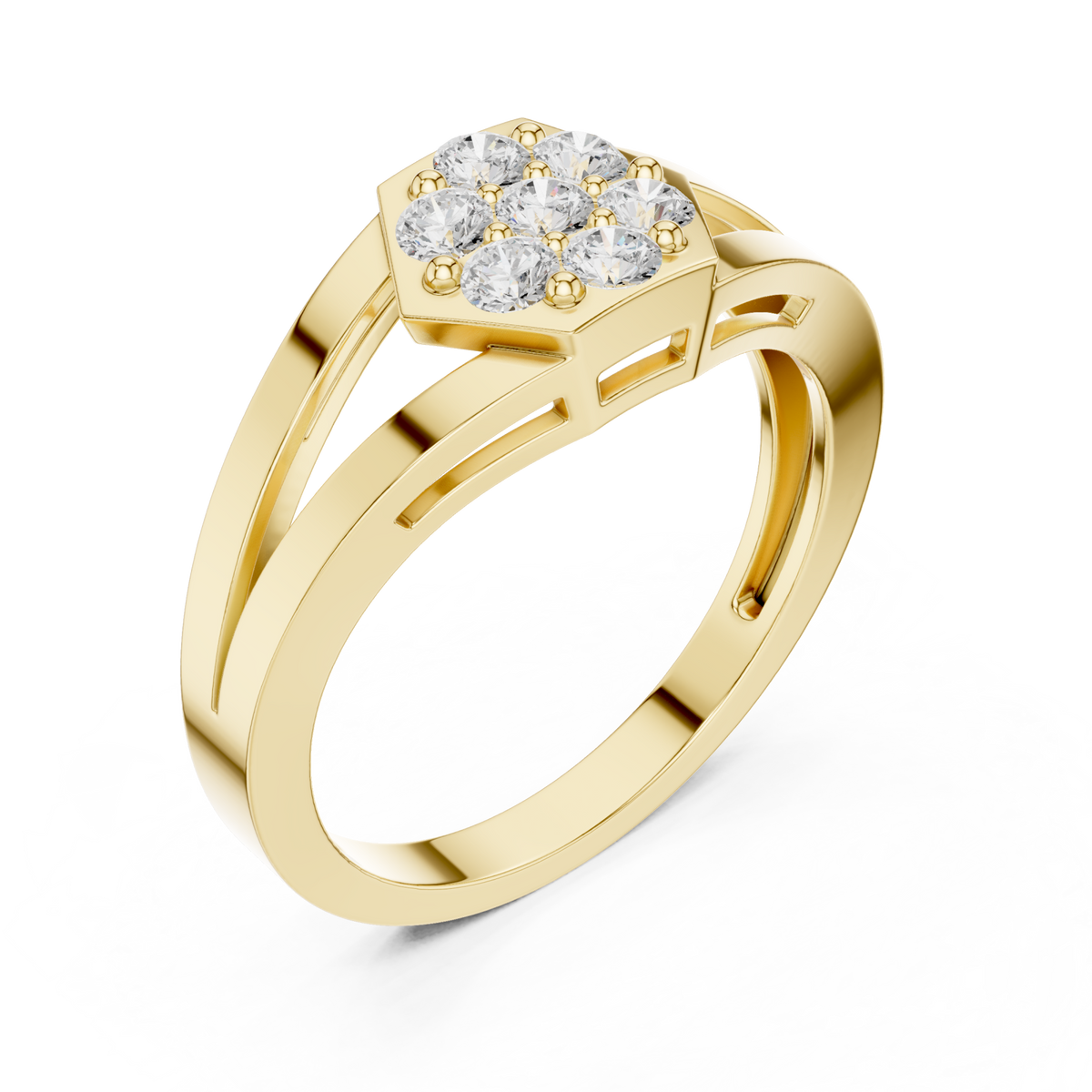 Hexagon cluster split shank ring yellow gold front view